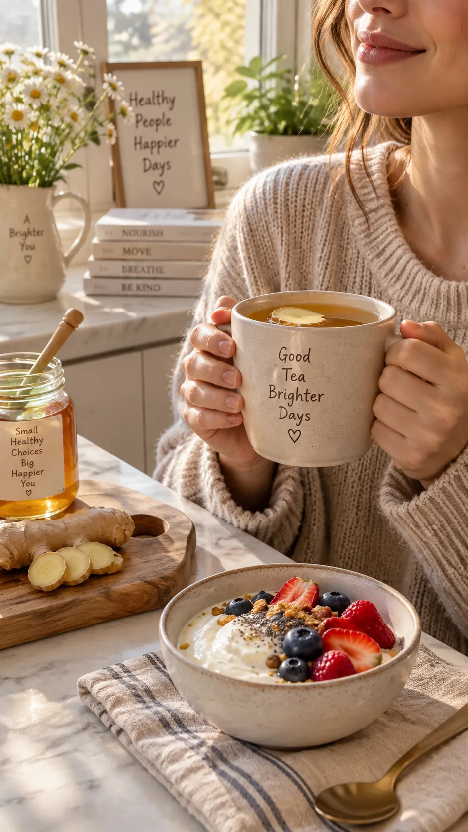 The Wegovy Diet Plan That Actually Works: What to Eat for Maximum Results 4 Cozy warm-toned photo of a person holding a mug of ginger tea beside a small bowl of Greek yogurt with berries on a kitchen counter, soft morning light through a window