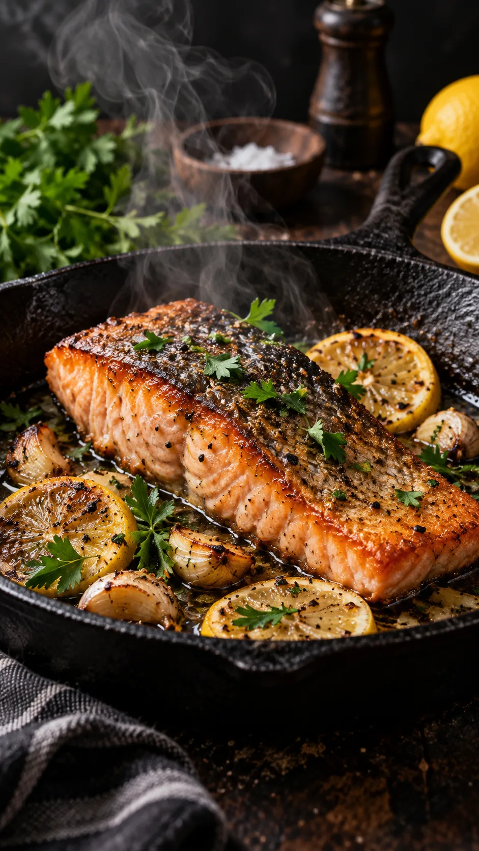 The Fatty Liver Disease Diet That Actually Heals: Meals, Charts & Easy Recipes 4 Pan-seared salmon fillet with golden crispy skin in a cast iron skillet, garlic and lemon slices around it, fresh parsley garnish, steam rising, dark moody kitchen background