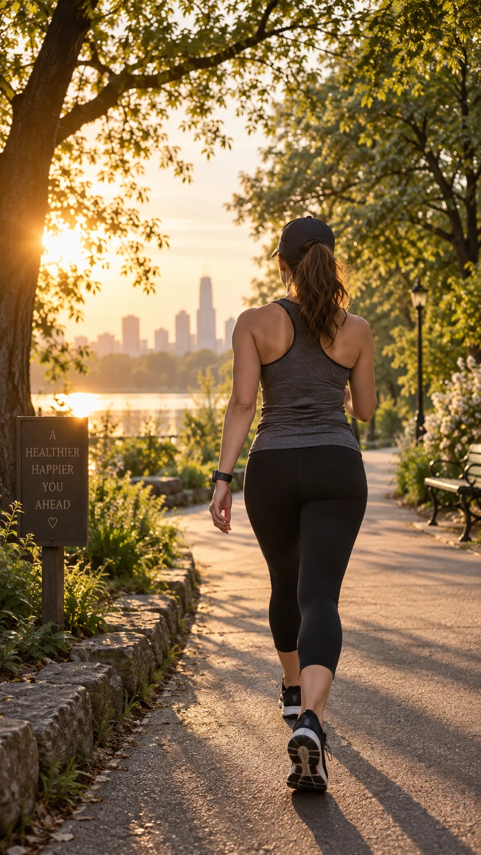 The Fatty Liver Disease Diet That Actually Heals: Meals, Charts & Easy Recipes 5 Person in athletic wear walking briskly on a tree-lined park path in early morning golden light, viewed from behind, natural candid lifestyle photography