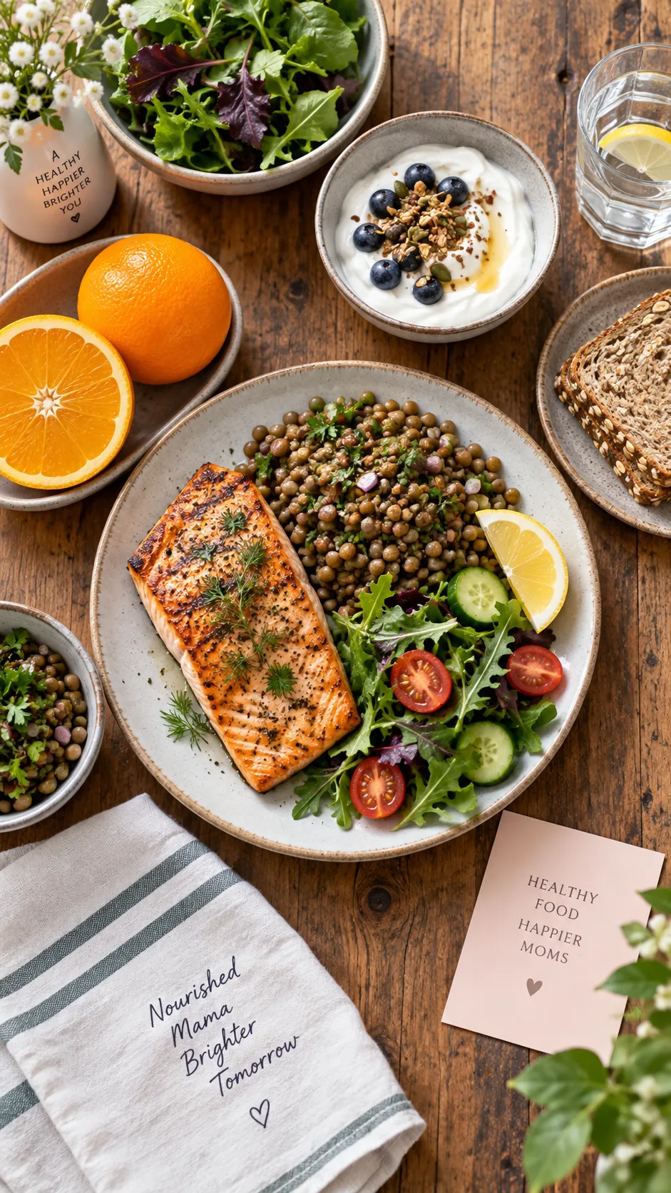 The Pregnancy Diet Plan That Keeps You Nourished Through Every Trimester 1 Overhead shot of a colorful pregnancy-friendly meal spread on a wooden table: grilled salmon, leafy greens, lentils, citrus fruit, yogurt, whole grain bread, and a glass of water, natural daylight, editorial food photography