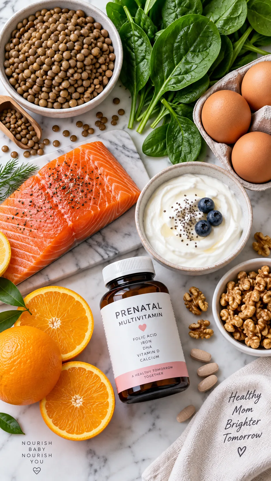 The Pregnancy Diet Plan That Keeps You Nourished Through Every Trimester 2 Close-up flat lay of pregnancy superfoods arranged in groups: lentils, spinach leaves, eggs, salmon fillet, Greek yogurt, walnuts, oranges, and a prenatal vitamin bottle, bright clean styling on marble surface