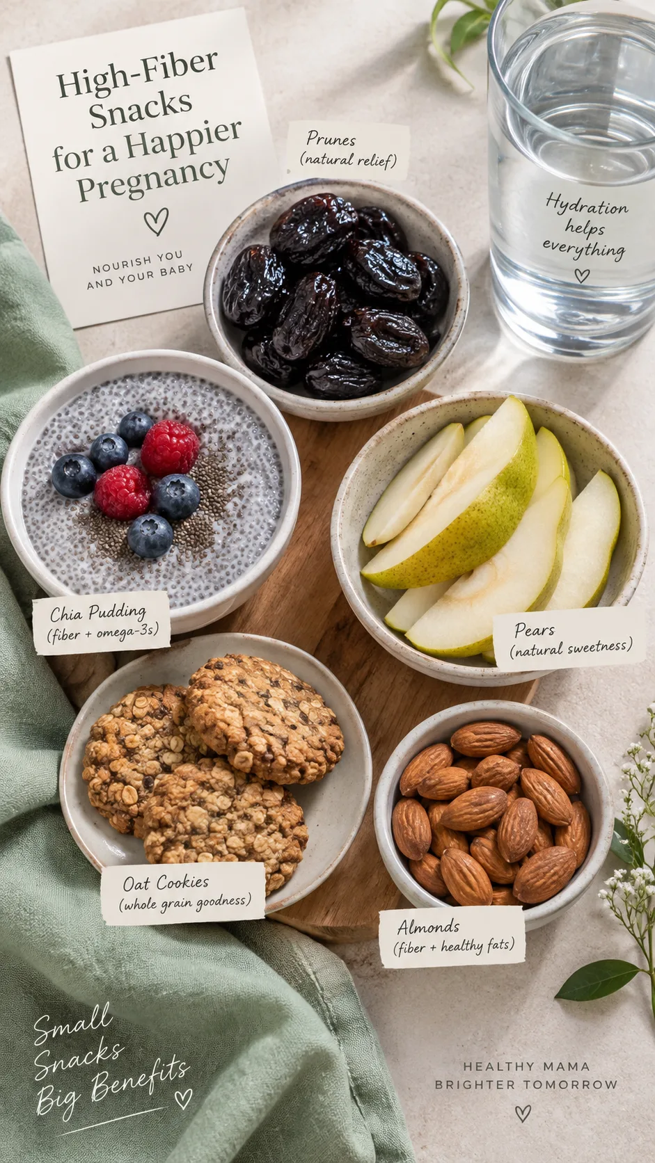 The Pregnancy Diet Plan That Keeps You Nourished Through Every Trimester 4 Assortment of high-fiber pregnancy snacks in small bowls: prunes, chia pudding, sliced pears, oat cookies, almonds, and a large glass of water, soft natural lighting, top-down view