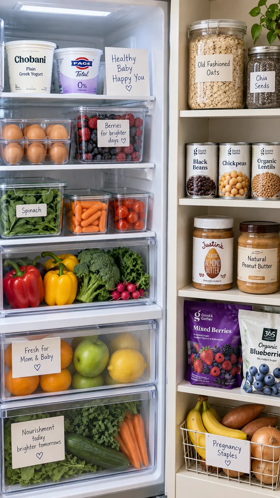 The Pregnancy Diet Plan That Keeps You Nourished Through Every Trimester 5 Organized refrigerator and pantry shelf stocked with pregnancy-friendly staples: yogurt tubs, eggs, canned beans, frozen berries, oats, nut butter, and fresh produce, clean bright documentary style photo