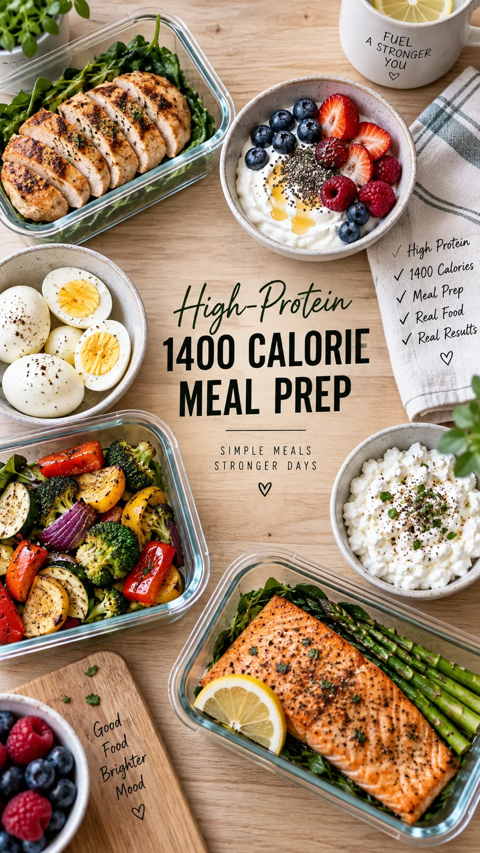 Overhead flat lay of a high-protein 1400 calorie meal prep spread on a light wooden table: grilled chicken breast, boiled eggs, Greek yogurt bowl with berries, roasted vegetables, cottage cheese, salmon fillet, natural daylight, crisp food photography, shallow depth of field