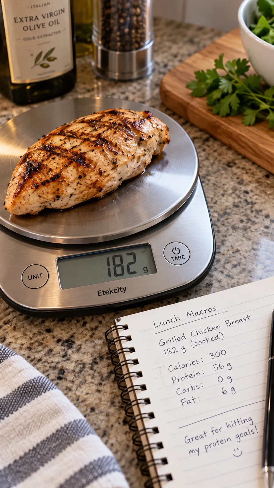 Close-up macro shot of a food scale weighing grilled chicken breast next to a small notebook with macro calculations written in pen, kitchen counter setting, warm natural lighting, realistic and unstyled
