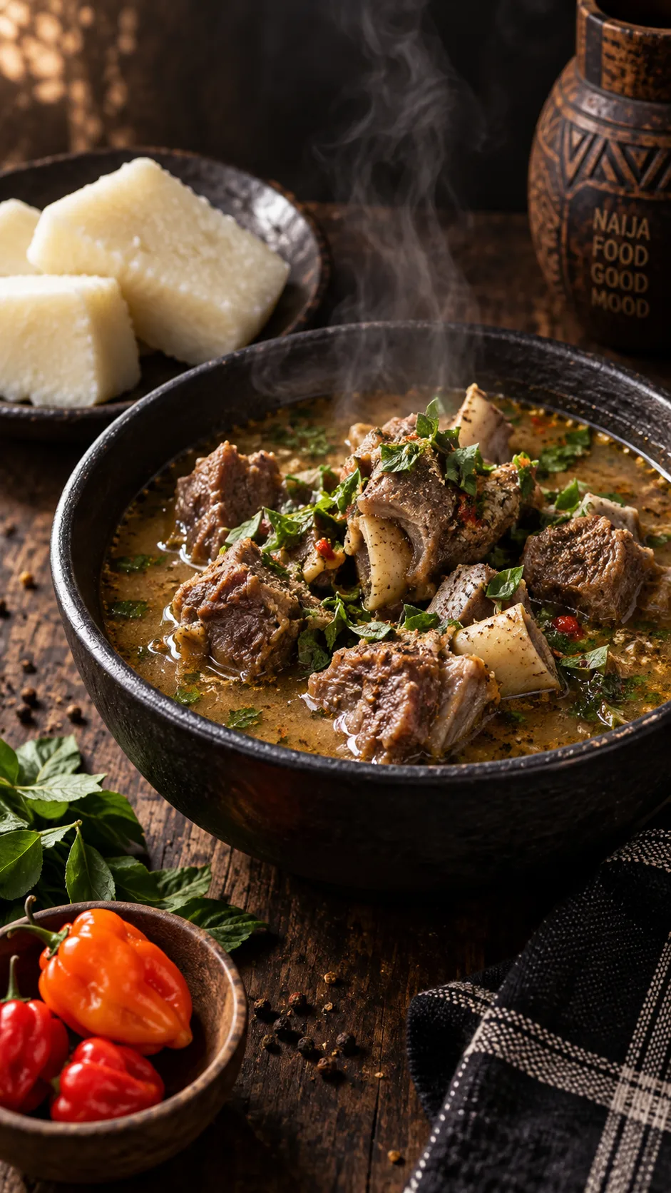A steaming bowl of Nigerian goat meat pepper soup with fresh herbs and scotch bonnet, served on a dark rustic table with a small portion of boiled yam, dramatic side lighting, steam visible, authentic food photography