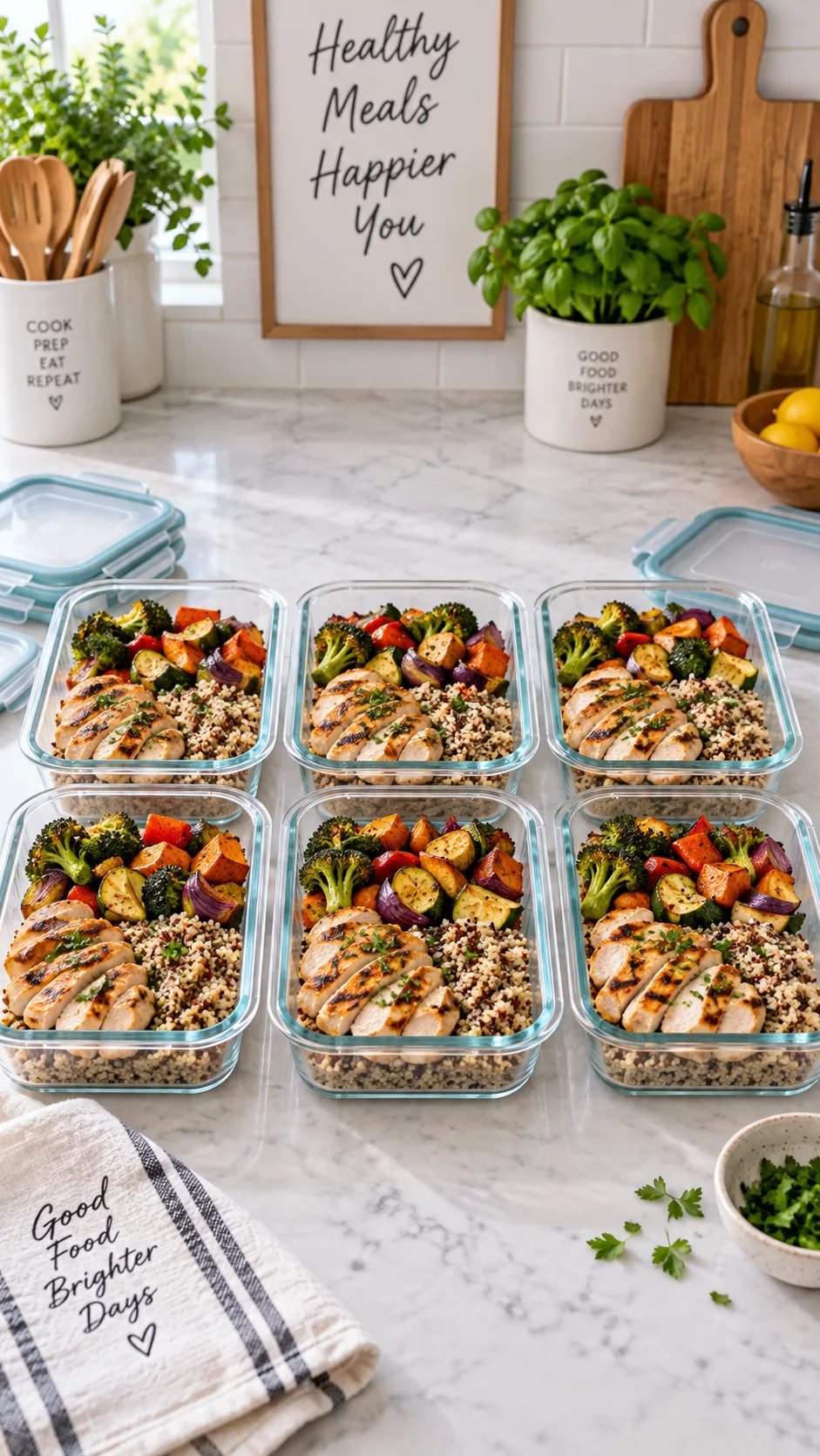 Six glass meal prep containers arranged in two rows on a kitchen counter, each filled with grilled chicken, roasted vegetables and quinoa, lids beside them, clean bright kitchen background, organised and appealing