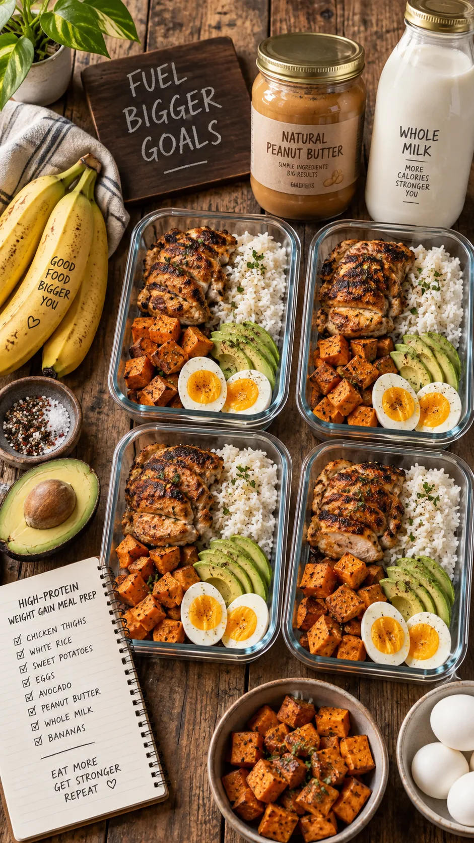 Overhead flat lay of a high-protein weight gain meal prep spread on a rustic wooden table: grilled chicken thighs, white rice, sweet potatoes, avocado, boiled eggs, peanut butter jar, whole milk, and bananas, natural window light, warm tones, food photography