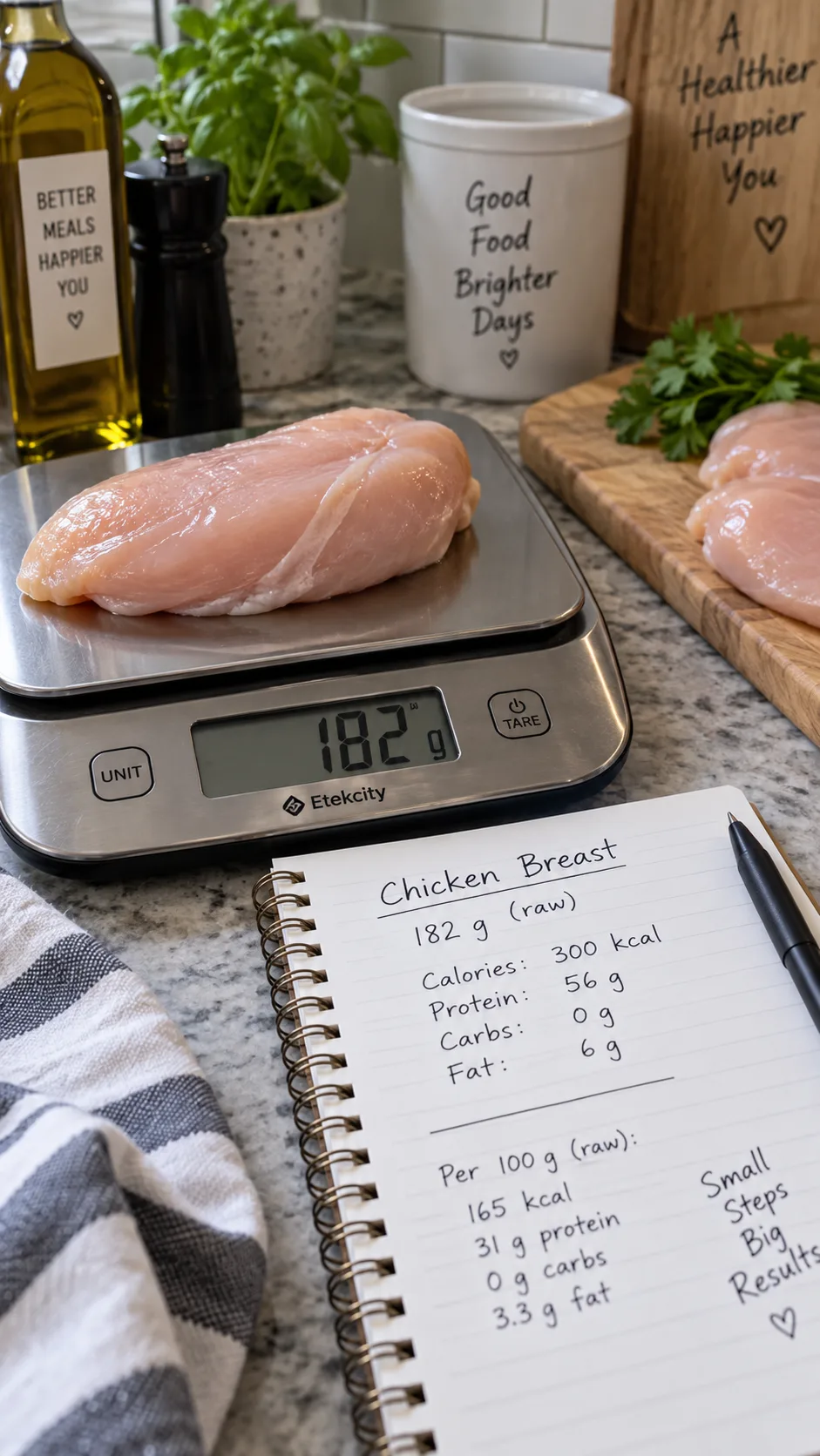 Close-up of a food scale weighing chicken breast next to a notebook with handwritten calorie and macro calculations, kitchen counter setting, soft natural light, realistic documentary style