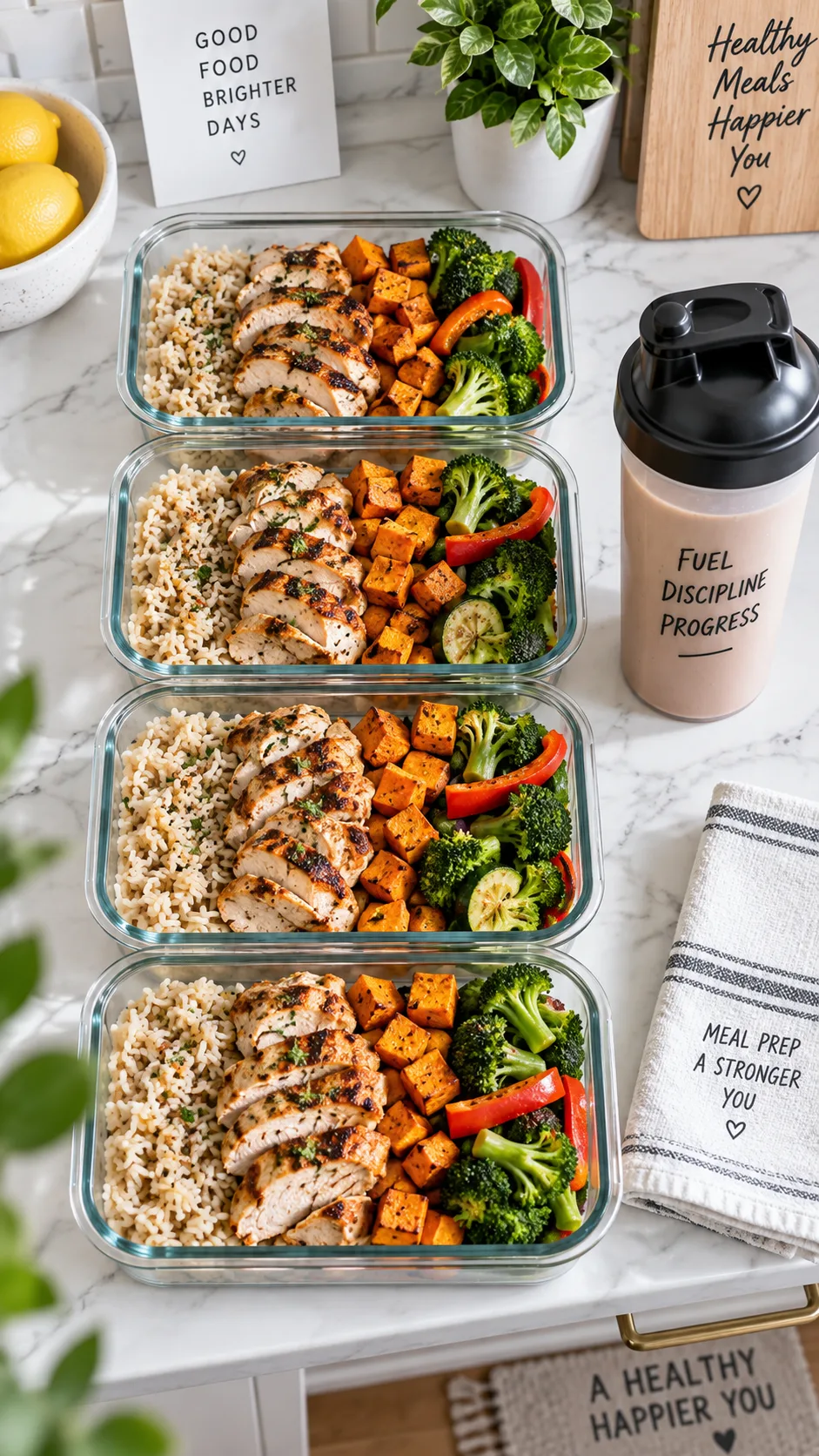 Meal prep containers lined up on a kitchen counter filled with rice, grilled chicken, roasted sweet potato and vegetables, plus a protein shake bottle beside them, bright modern kitchen, clean aesthetic, top-down angle