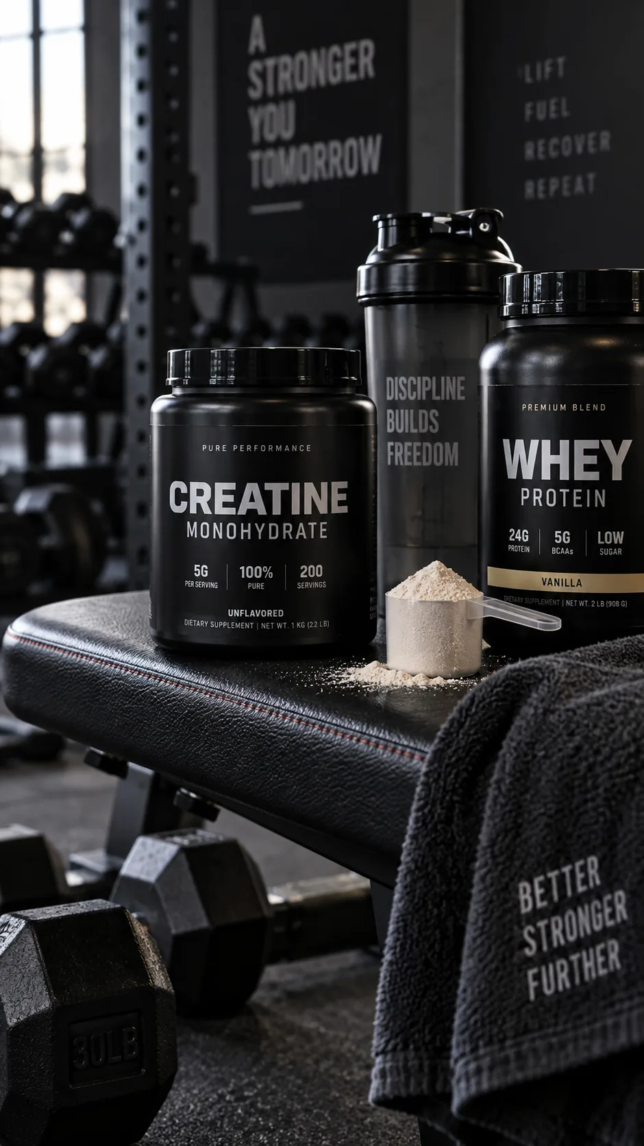 A tub of creatine monohydrate powder and a whey protein scoop on a gym bench next to a shaker bottle and dumbbells, moody gym lighting, shallow depth of field, fitness product photography