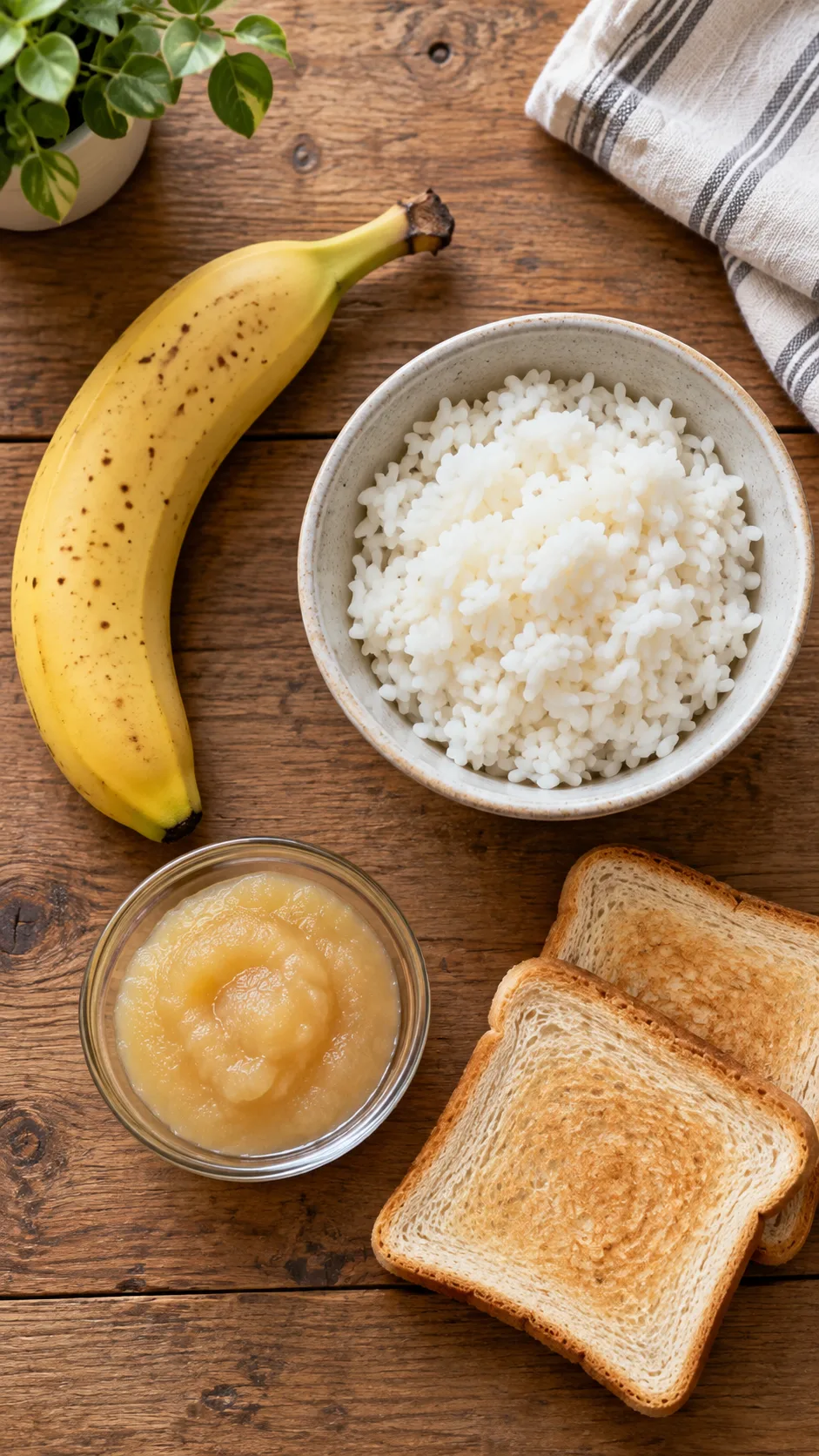 The BRAT Diet Done Right: What to Eat When Your Stomach Needs a Reset 1 Overhead flat lay photograph of a wooden table with a ripe banana, a bowl of plain white rice, a small glass bowl of applesauce, and two slices of dry white toast, soft natural window light, minimalist food photography style