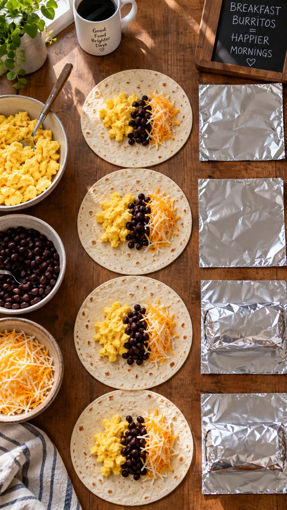 Overhead shot of a kitchen counter assembly line with flour tortillas, scrambled eggs, black beans, shredded cheese, and foil squares arranged in rows, natural window light, warm rustic wood surface, food photography