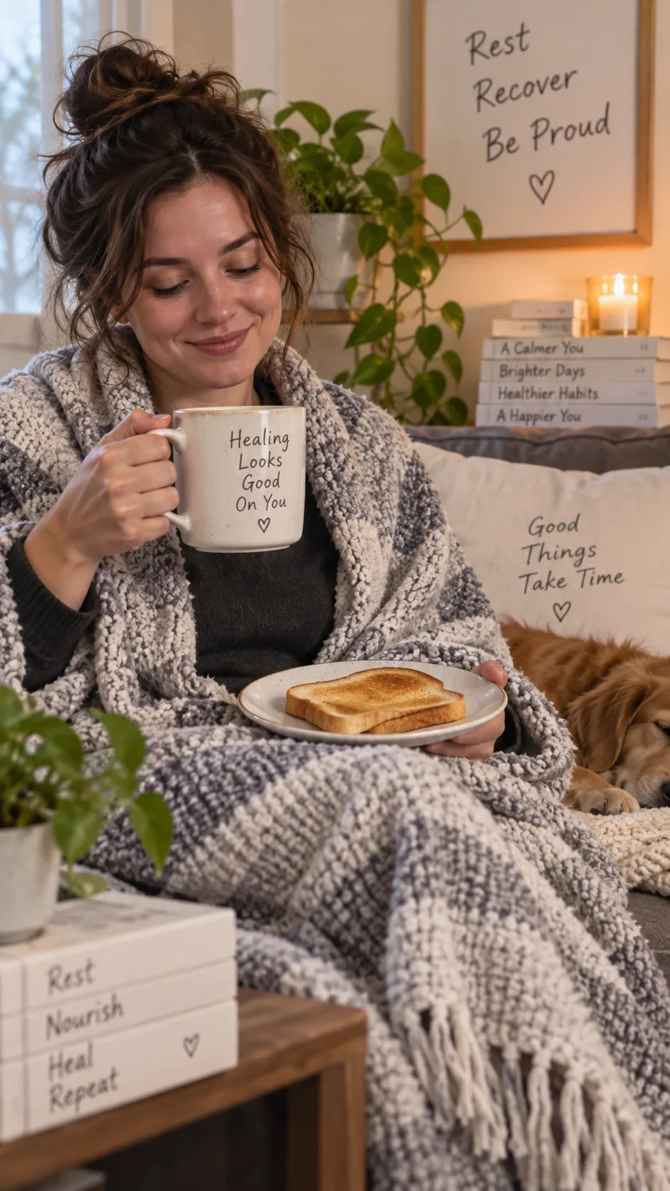 The BRAT Diet Done Right: What to Eat When Your Stomach Needs a Reset 2 A person sitting on a couch wrapped in a blanket holding a warm mug and a plate of plain toast, soft indoor lighting, cozy recovery atmosphere, candid lifestyle photography