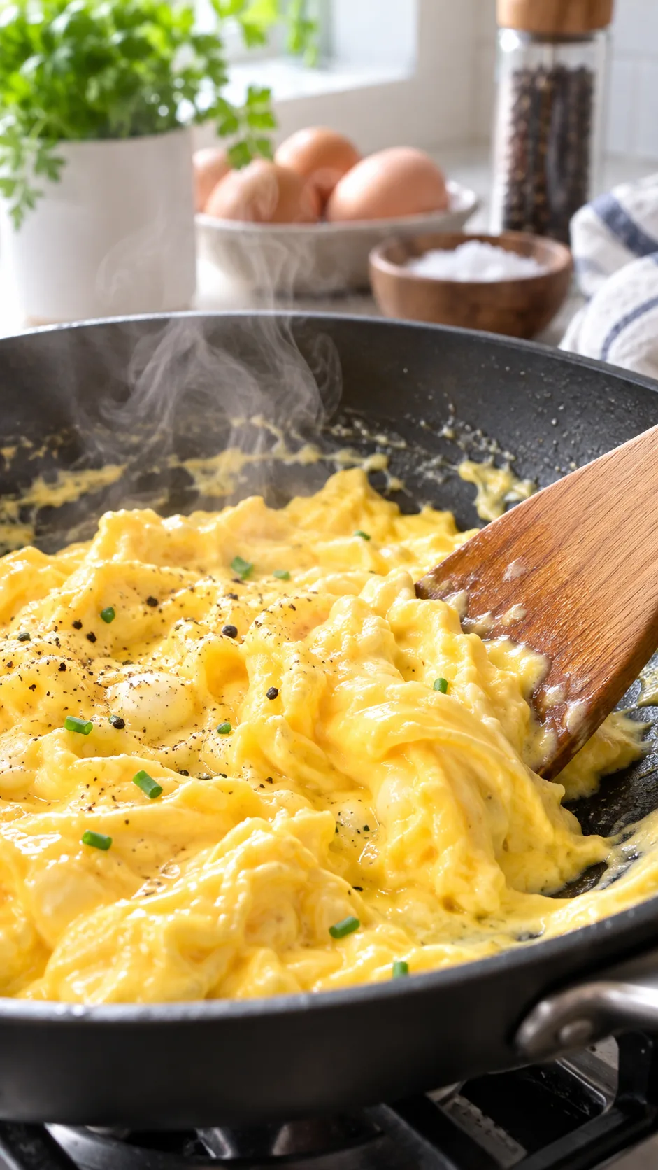 Close-up of creamy soft-scrambled eggs in a nonstick skillet, slightly underdone and glossy, wooden spatula folding them gently, steam rising, bright kitchen lighting