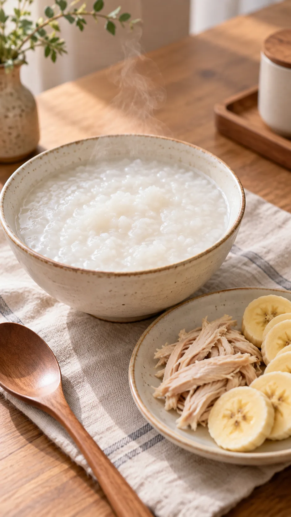 The BRAT Diet Done Right: What to Eat When Your Stomach Needs a Reset 3 A steaming bowl of plain rice congee porridge with a small side of shredded boiled chicken and sliced banana on a light ceramic plate, warm natural lighting, clean minimal food styling