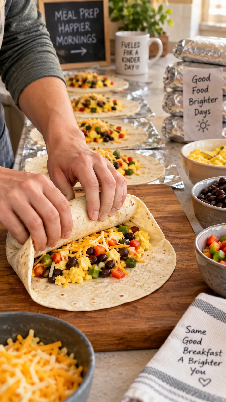 Hands rolling a large flour tortilla filled with eggs, beans, cheese and peppers on a wooden board, tucked sides visible, meal prep assembly line in background with foil sheets, warm natural light
