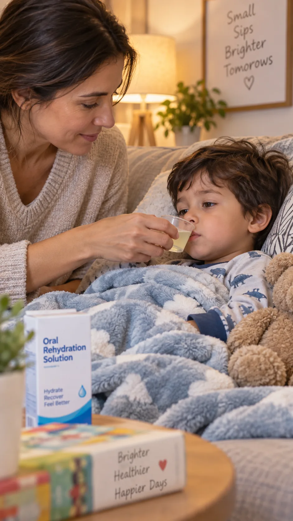 The BRAT Diet Done Right: What to Eat When Your Stomach Needs a Reset 4 A parent gently offering a small cup of oral rehydration drink to a young child resting on a sofa with a light blanket, warm soft home lighting, caring documentary style photography