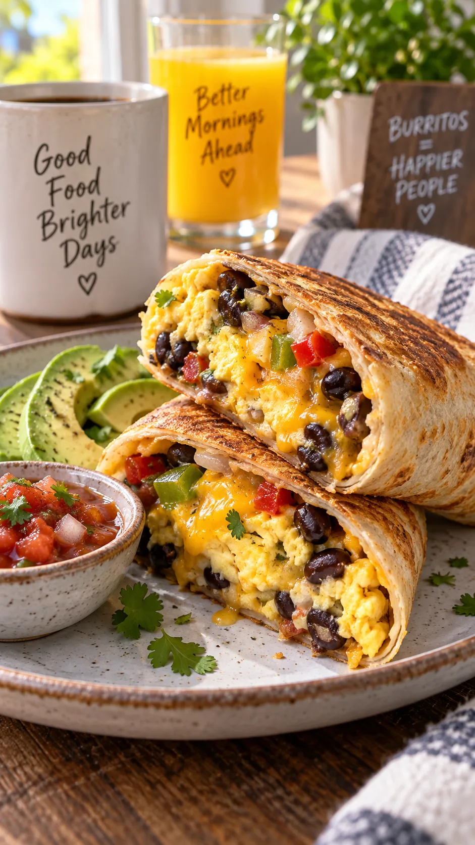 A breakfast burrito cut in half showing layered filling of eggs, black beans, melted cheese and peppers, crispy golden tortilla exterior, served on a small plate with salsa and avocado, morning light