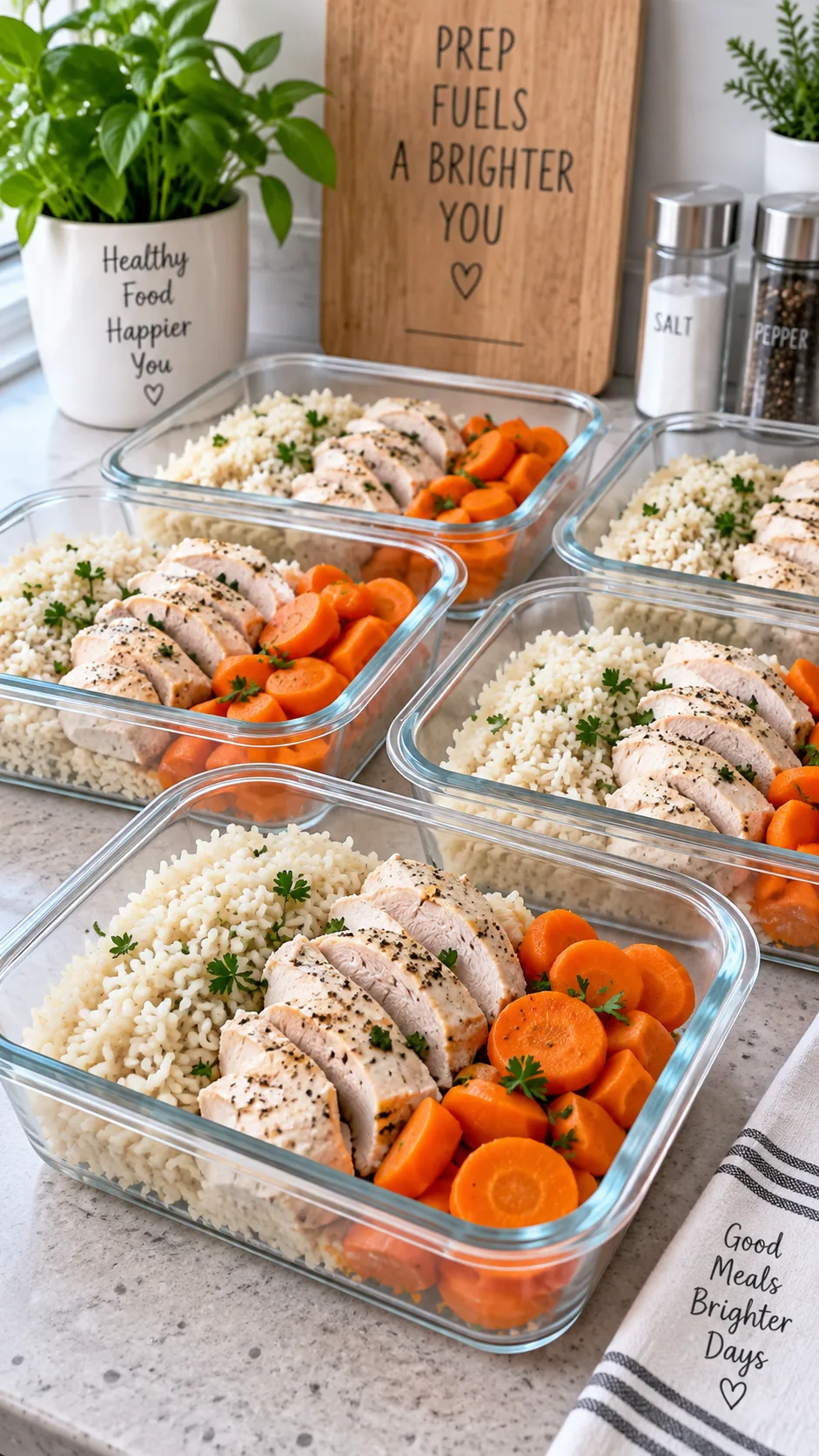The BRAT Diet Done Right: What to Eat When Your Stomach Needs a Reset 5 Glass meal prep containers filled with plain rice, boiled chicken breast, and steamed carrots arranged neatly on a kitchen counter, bright clean natural light, organized healthy food preparation