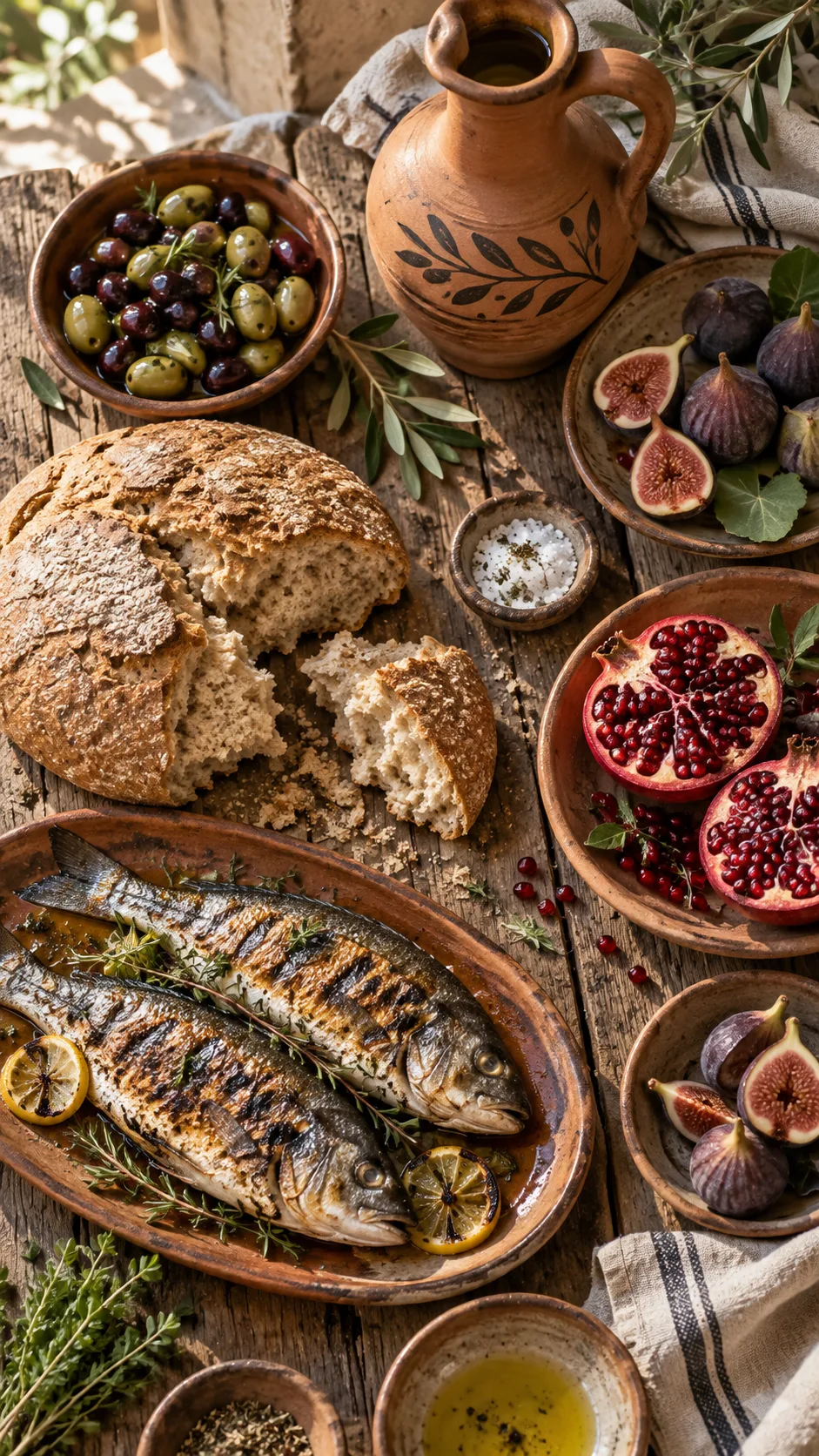 The Biblical Diet Plan That Transforms How You Eat—Backed by Scripture and Science 1 Rustic wooden table styled as an ancient Mediterranean meal: torn barley bread, olives, figs, pomegranate halves, grilled fish, clay jug of olive oil, soft natural window light, warm earthy tones, overhead food photography