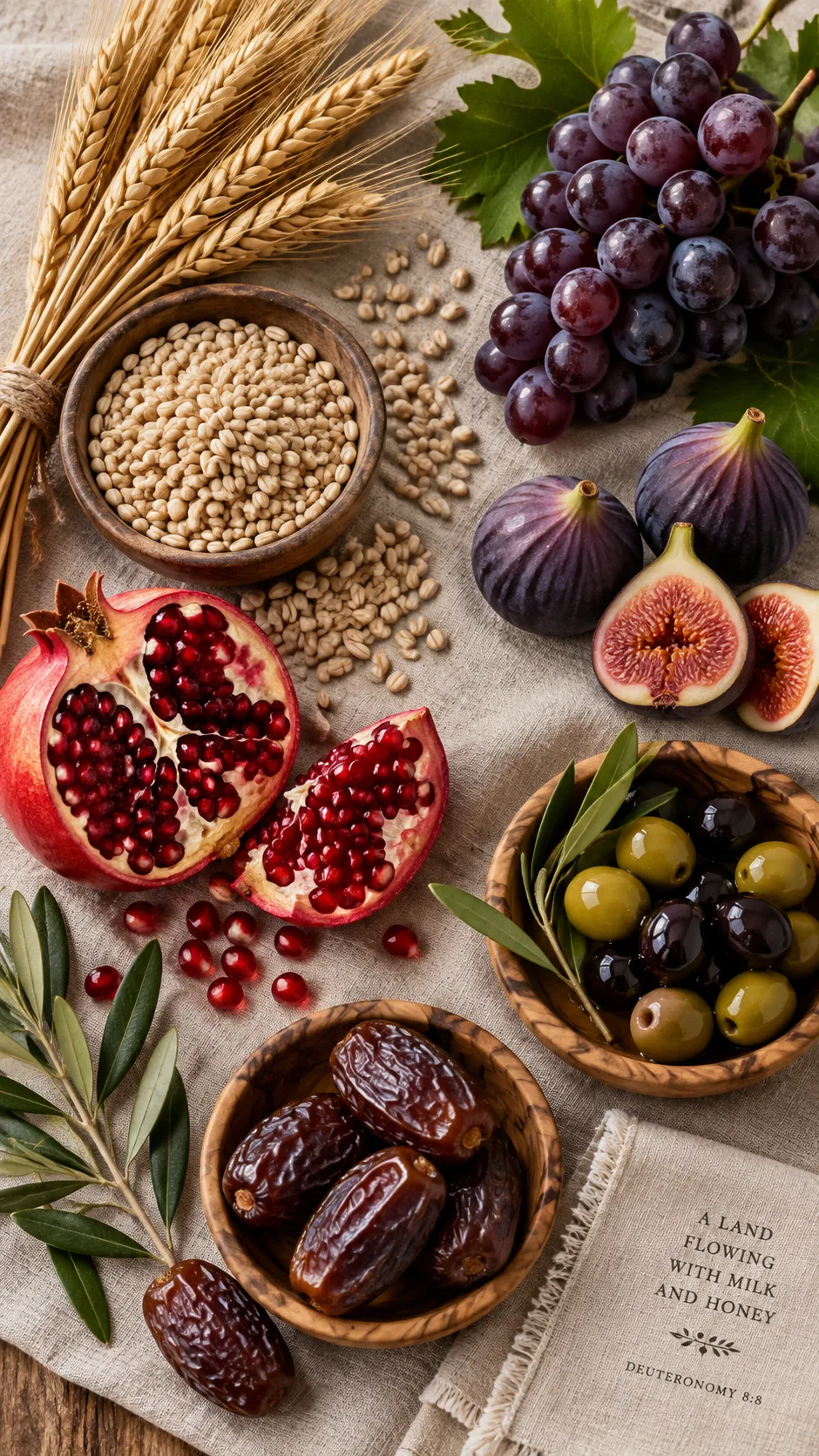 The Biblical Diet Plan That Transforms How You Eat—Backed by Scripture and Science 2 Flat lay of the seven biblical species arranged on linen: wheat stalks, barley grains, grape cluster, fresh figs, split pomegranate, green and black olives, medjool dates, soft directional light, editorial food styling