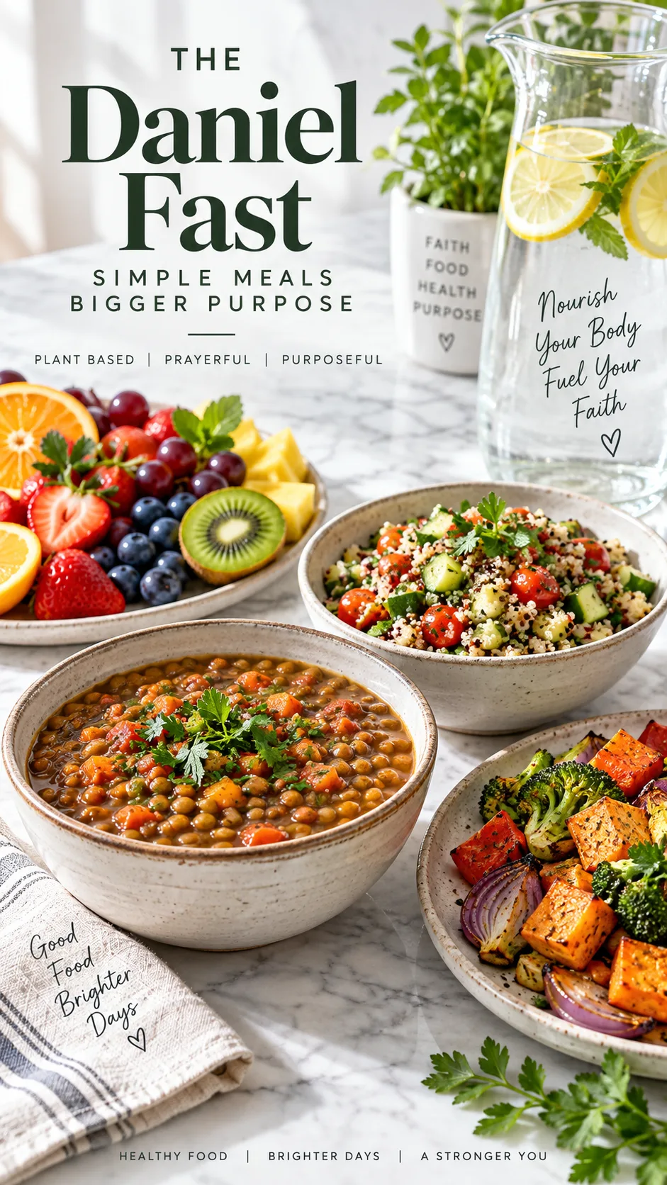 The Biblical Diet Plan That Transforms How You Eat—Backed by Scripture and Science 3 Vibrant Daniel Fast meal spread: lentil stew in ceramic bowl, roasted vegetables, quinoa salad, fresh fruit platter, glass pitcher of water with lemon, bright natural daylight, clean minimal styling on white marble