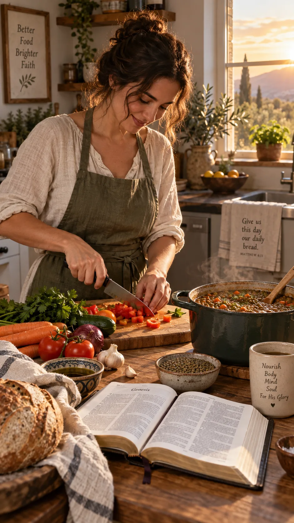 The Biblical Diet Plan That Transforms How You Eat—Backed by Scripture and Science 4 Person in home kitchen preparing a simple biblical-style meal, chopping fresh vegetables beside a pot of lentil stew, open Bible on counter nearby, warm golden hour light through window, candid documentary style