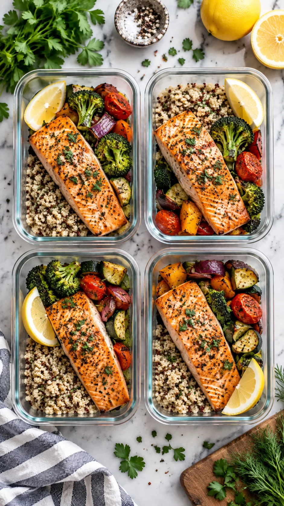 Overhead flat lay of four glass meal prep containers filled with baked salmon fillets, roasted vegetables, quinoa and lemon wedges, natural daylight, marble countertop, fresh herbs scattered around, high-end food photography