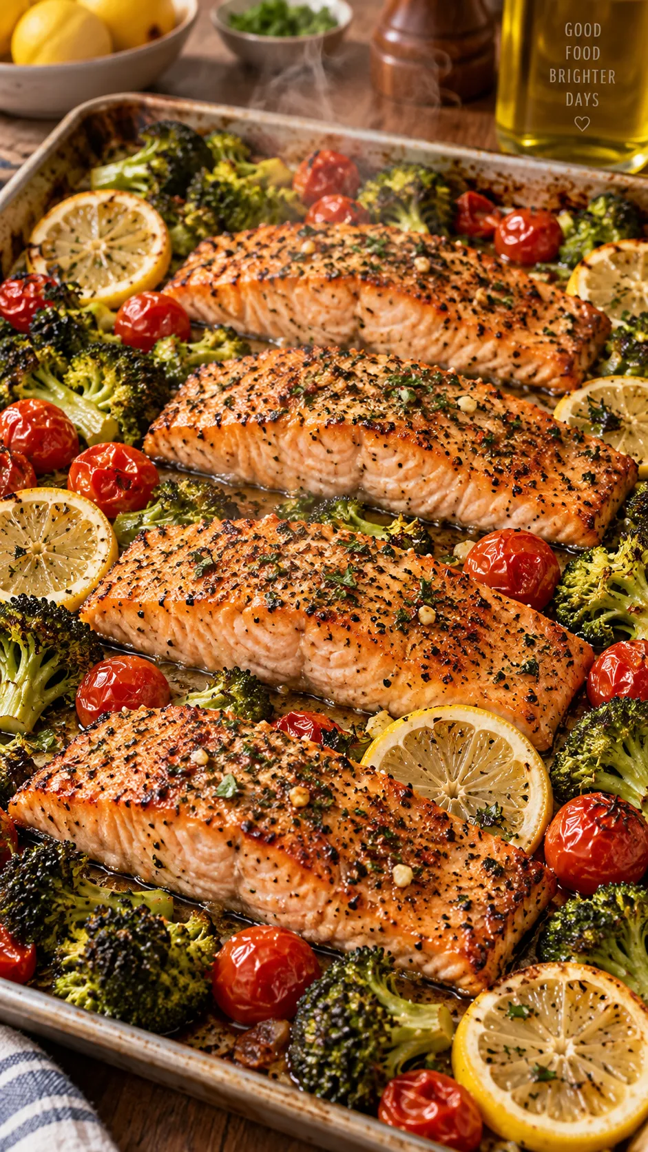 Sheet pan with four seasoned salmon fillets surrounded by roasted broccoli florets, cherry tomatoes and lemon slices, steam rising, close-up food photography, warm kitchen lighting, crispy edges visible