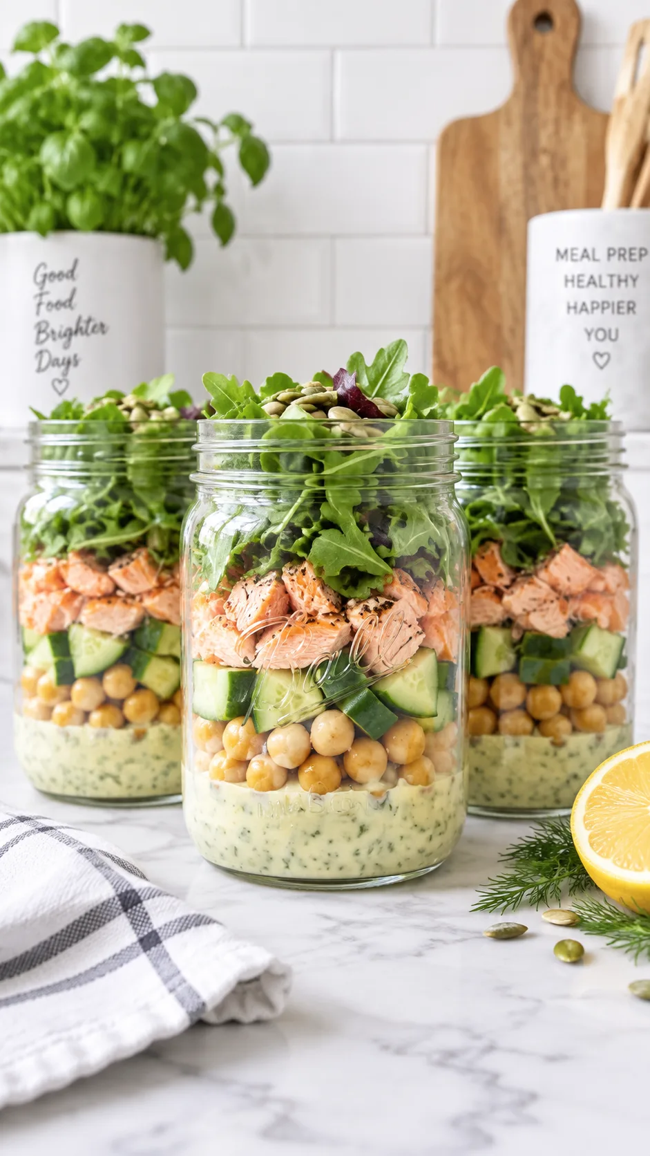 Three wide-mouth mason jars layered with dressing, chickpeas, cucumber, flaked salmon and fresh greens, side view showing distinct colorful layers, bright white kitchen background, meal prep lifestyle photography