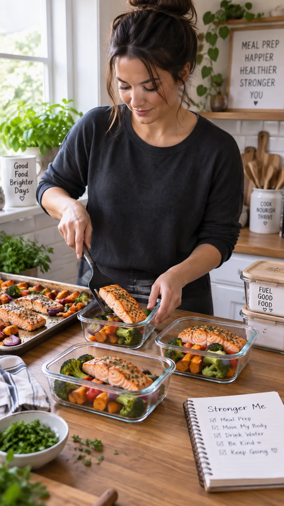 Person in casual clothing portioning cooked salmon and roasted vegetables into glass meal prep containers on a wooden kitchen counter, hands in motion, organized workflow, natural window light, authentic home cooking scene