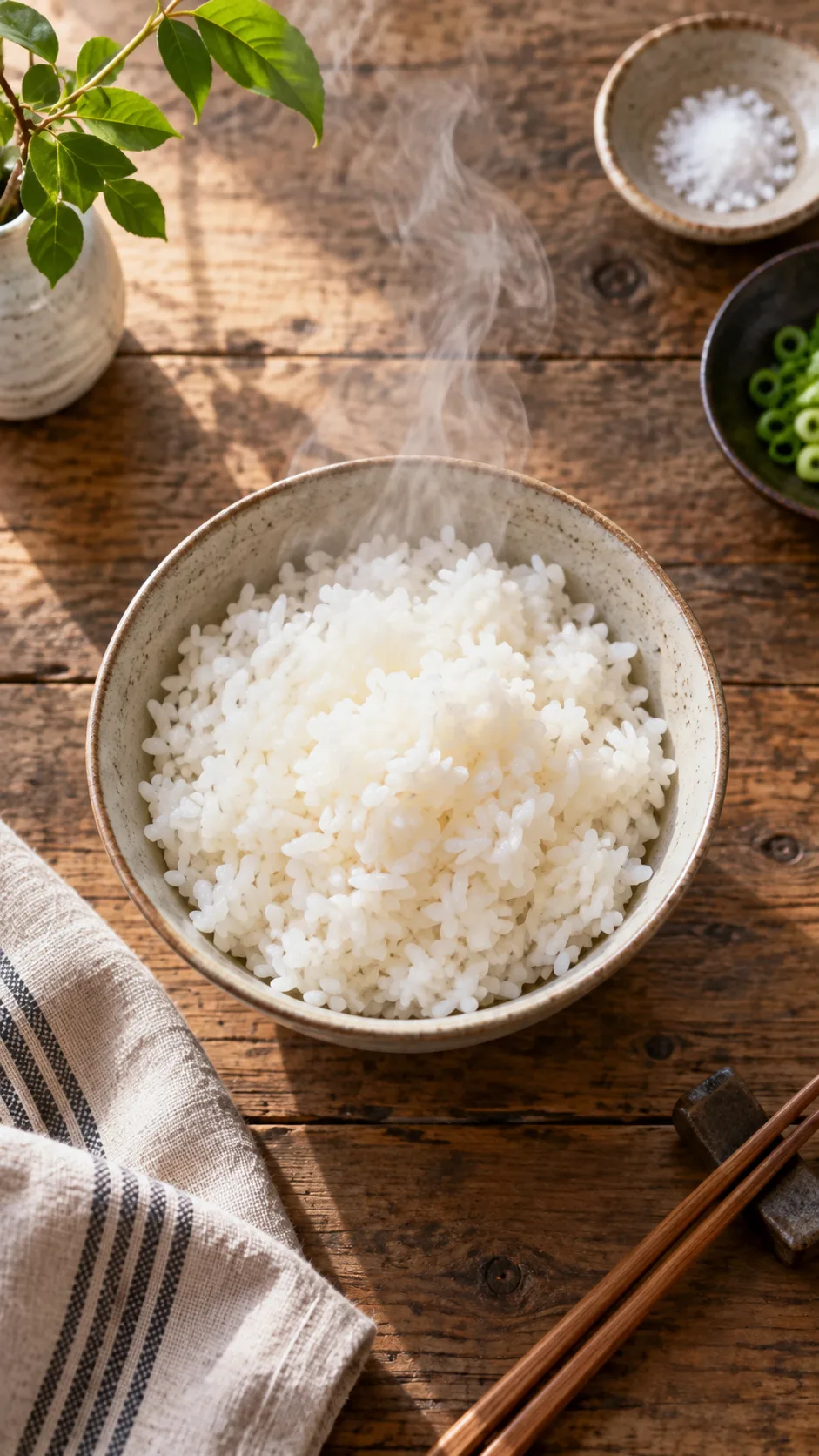 The Rice Hack Diet Secret Most People Get Wrong (And What Actually Works) 1 Overhead shot of a warm bowl of cooked white rice cooling on a rustic wooden kitchen table, natural morning light, steam rising, minimalist food photography style