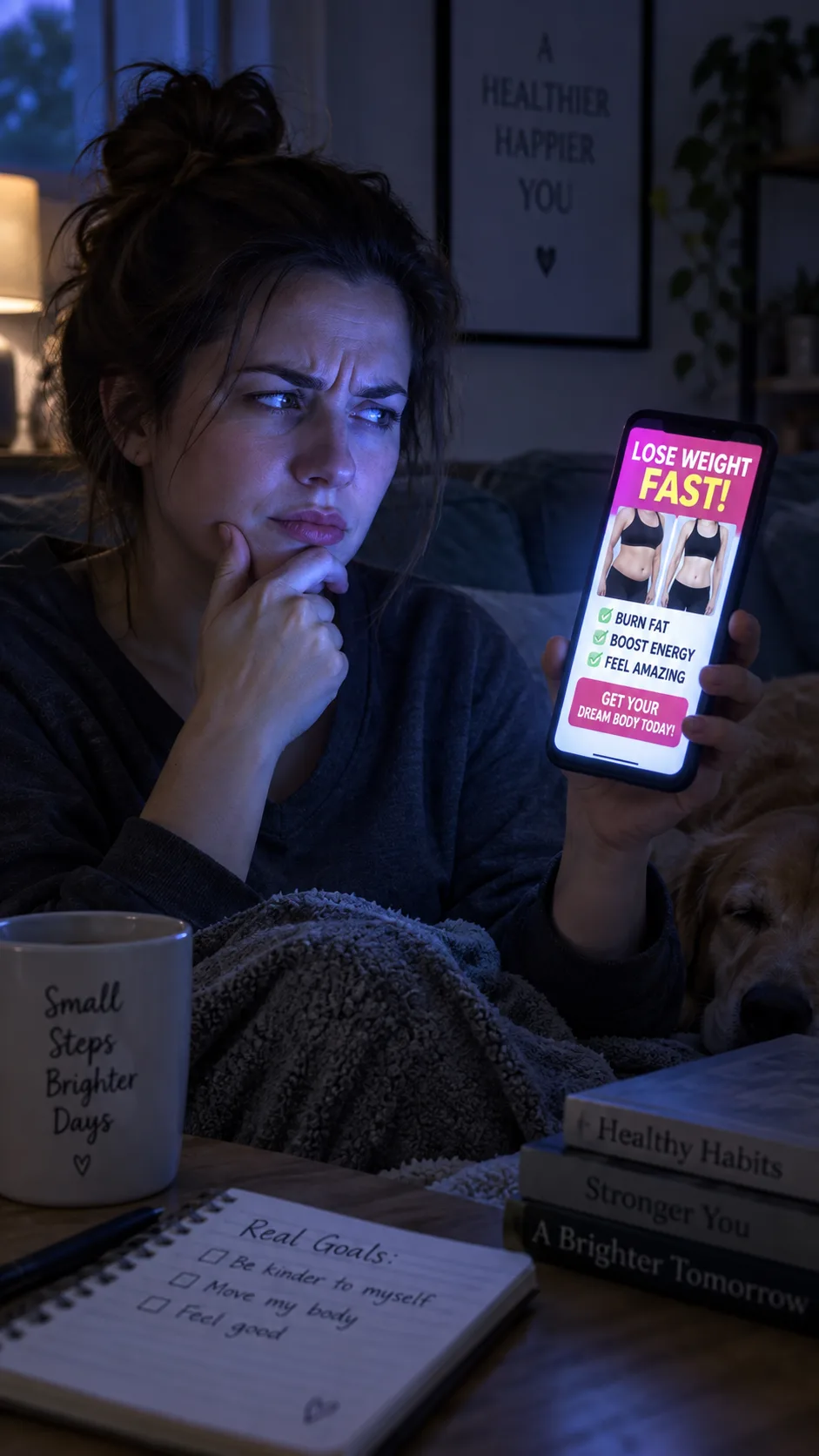 The Rice Hack Diet Secret Most People Get Wrong (And What Actually Works) 2 A person sitting on a couch at night looking skeptically at a smartphone showing a flashy weight loss advertisement, moody blue screen glow, documentary photography style