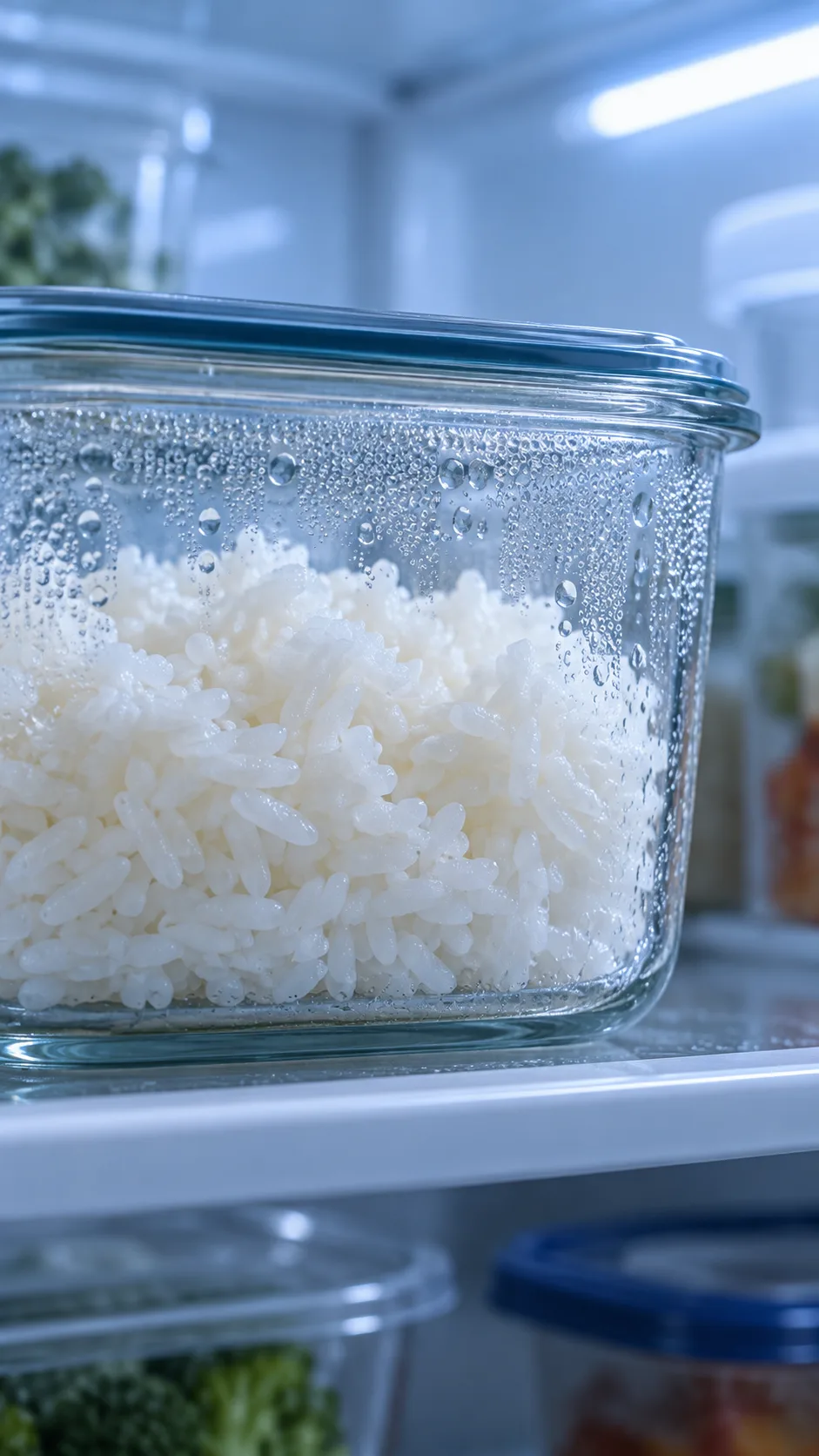 The Rice Hack Diet Secret Most People Get Wrong (And What Actually Works) 3 Close-up macro photograph of cooked white rice in a clear glass container inside a refrigerator, cool blue lighting, condensation on the glass, clean food science aesthetic