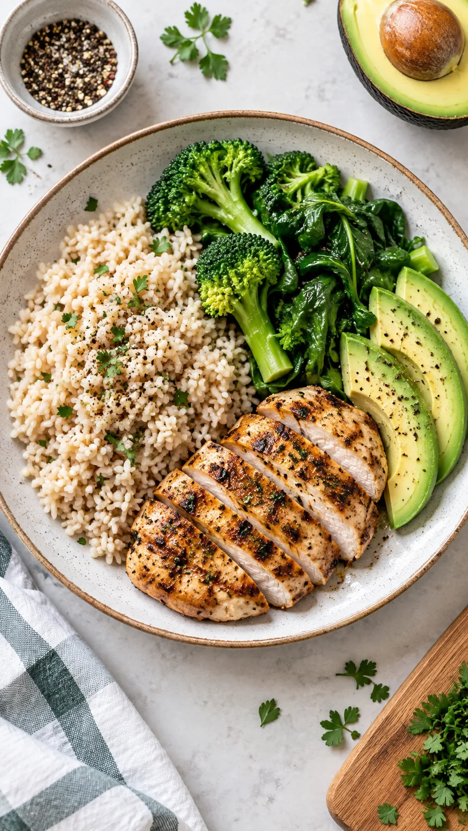 The Rice Hack Diet Secret Most People Get Wrong (And What Actually Works) 4 Balanced meal plate with reheated rice, grilled chicken breast, steamed greens and avocado, shot from above on a ceramic plate, bright natural kitchen lighting, healthy meal prep photography