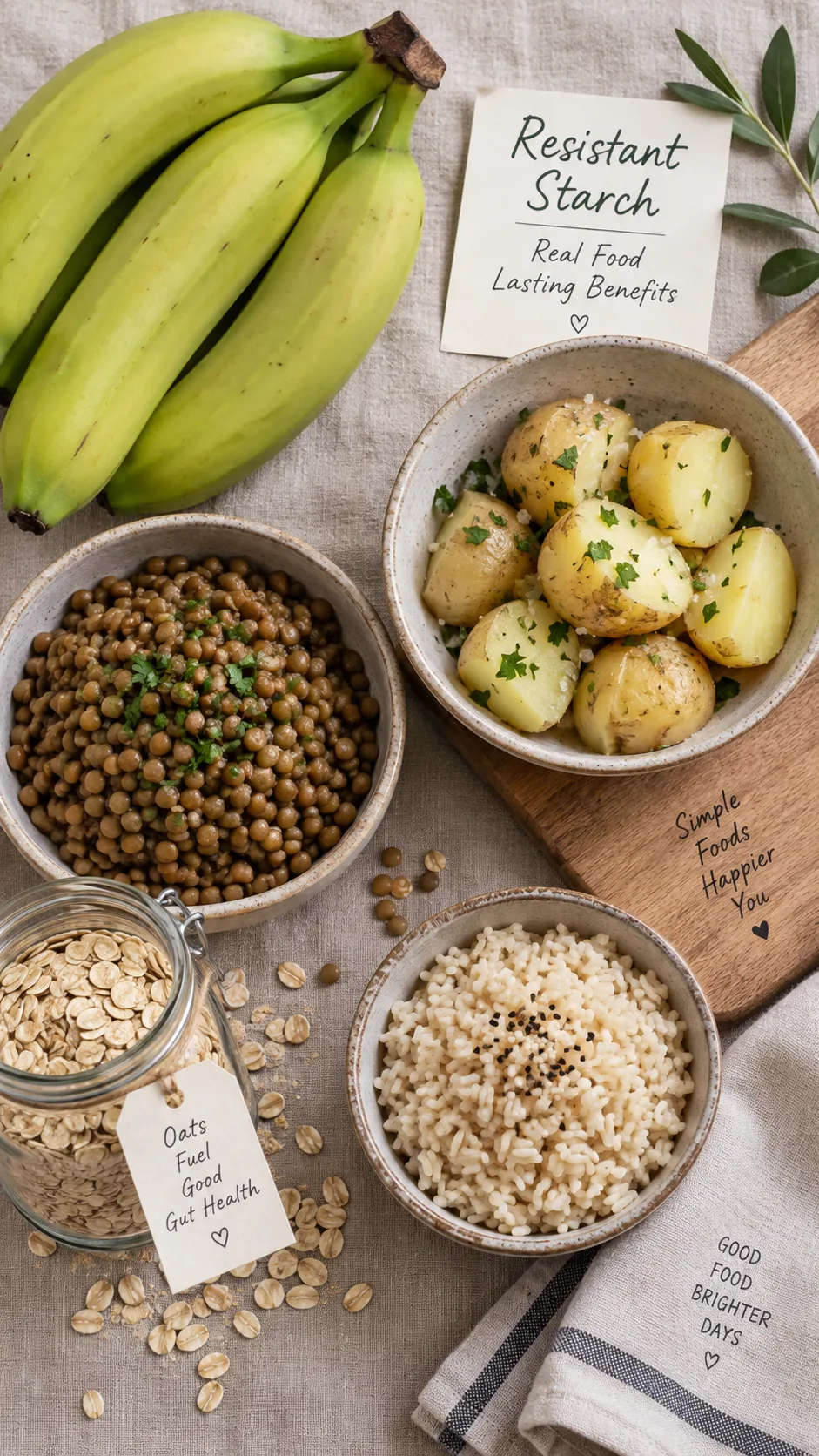 The Rice Hack Diet Secret Most People Get Wrong (And What Actually Works) 5 Flat lay of resistant starch foods: green bananas, cooled boiled potatoes, cooked lentils, oats in a jar and rice in small bowls on a linen background, soft daylight, editorial food photography