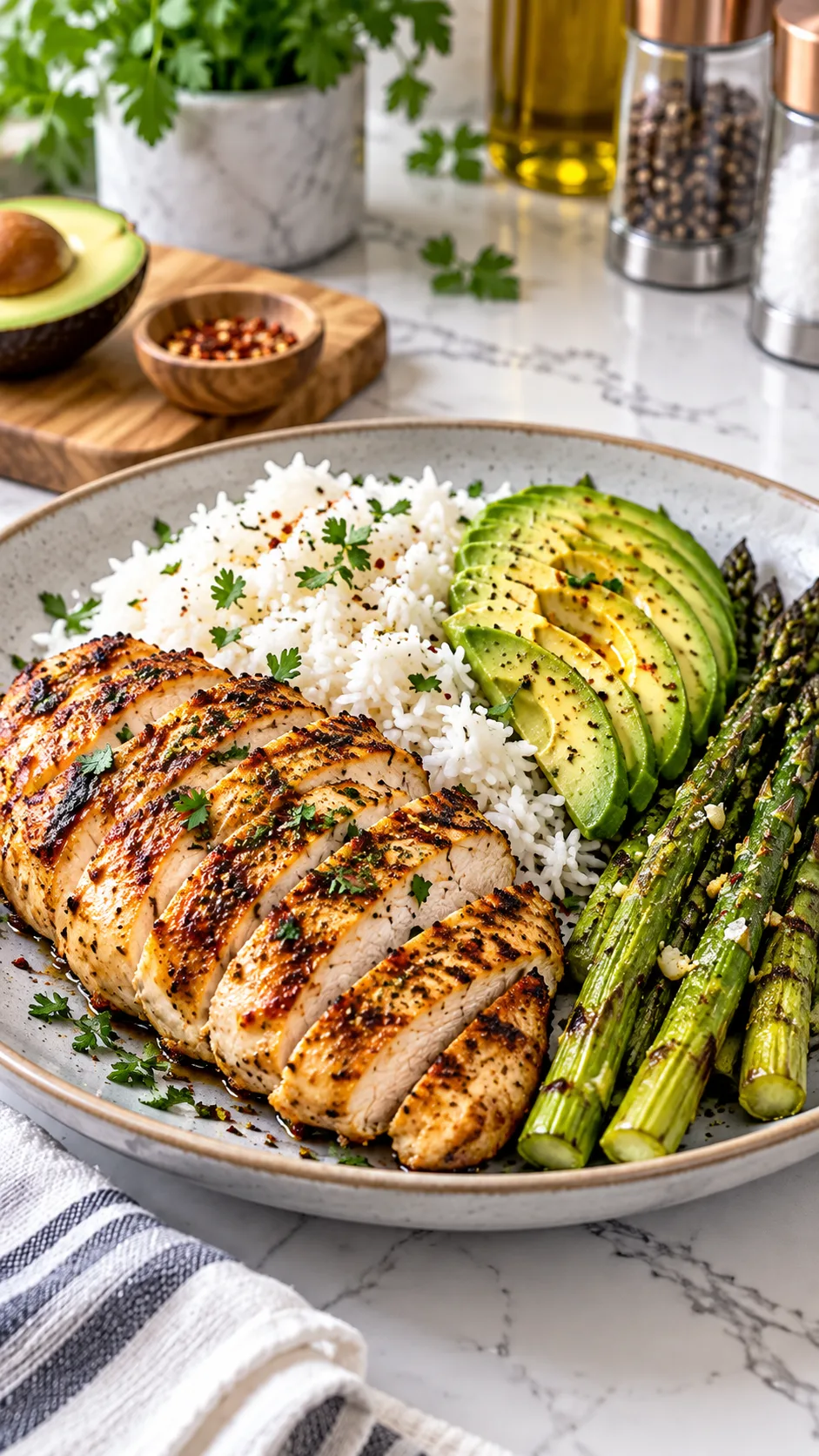 The Gym Diet Plan That Actually Builds Muscle Without Starving You 1 A colorful, hearty fitness meal featuring grilled seasoned chicken breast, fluffy jasmine rice, sliced avocado, and roasted asparagus plated on a modern kitchen counter