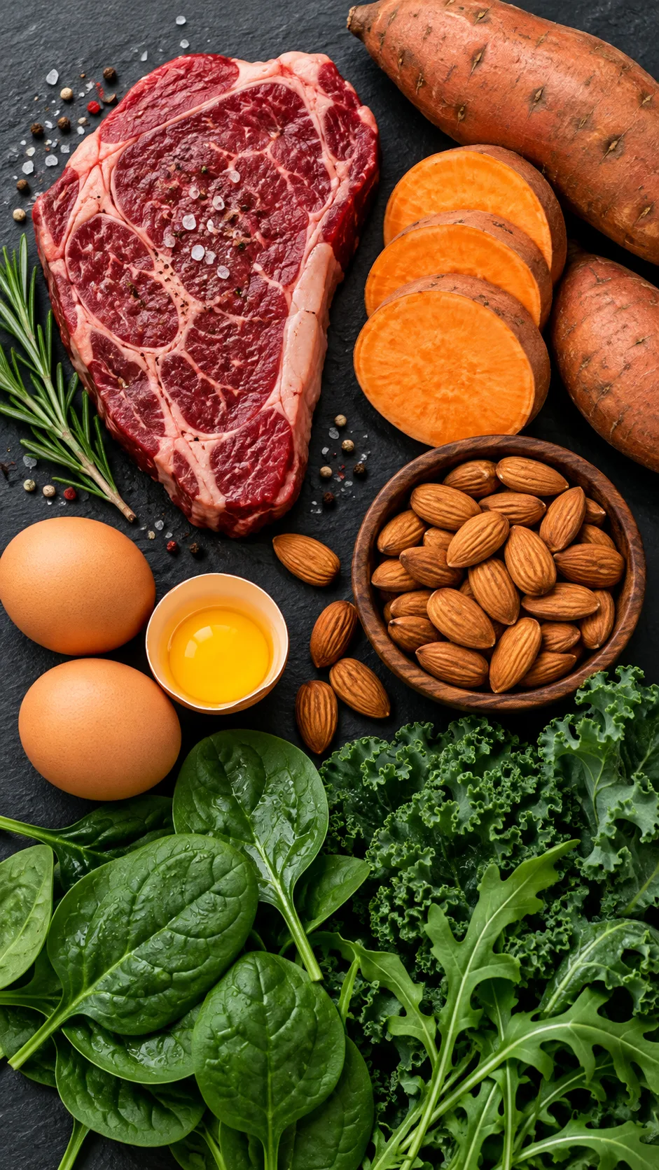 The Gym Diet Plan That Actually Builds Muscle Without Starving You 2 Top-down flat lay of macro balance showing raw steak, sweet potatoes, raw almonds, eggs, and fresh greens arranged neatly on a dark slate background