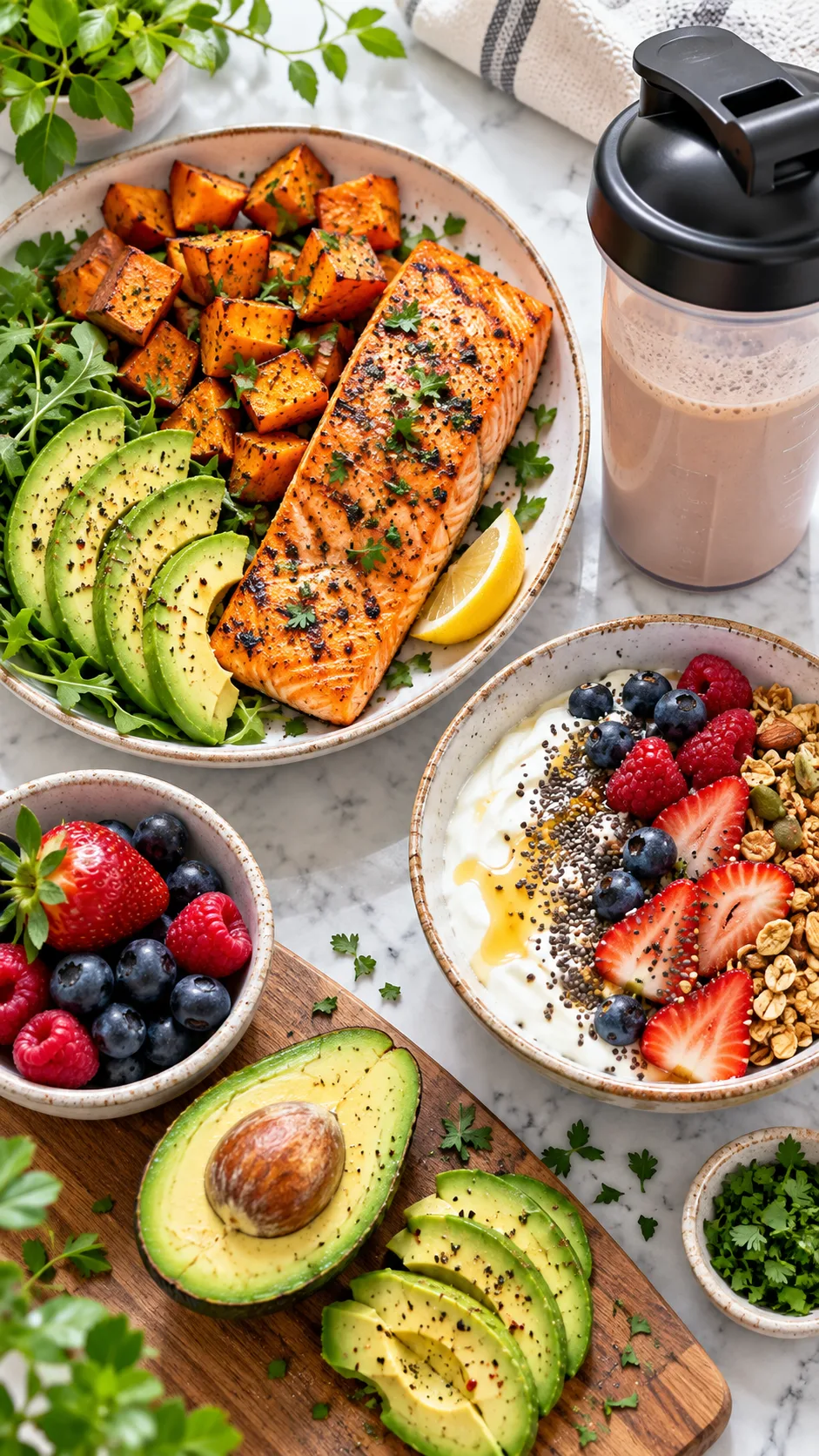The Slim Thick Diet Meal Plan That Actually Builds Curves Without Starving 1 A flat-lay table setting showing colorful, vibrant body recomposition meals: grilled salmon, roasted sweet potatoes, fresh avocado slices, Greek yogurt bowl with berries, and a shaker cup, bright natural daylight photography.