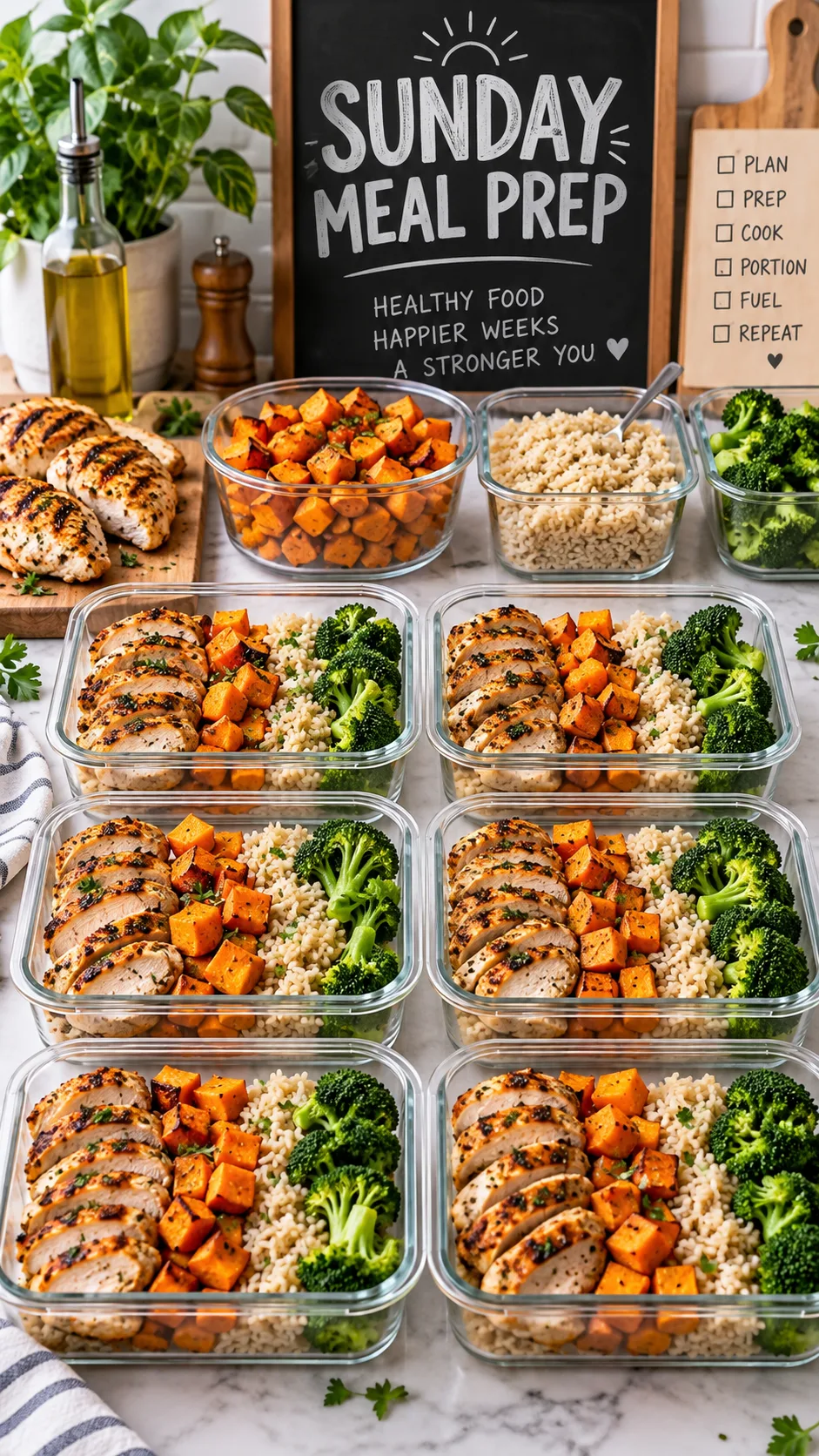The Gym Diet Plan That Actually Builds Muscle Without Starving You 3 A complete Sunday meal prep setup featuring glass food containers packed with grilled chicken, roasted sweet potatoes, brown rice, and steamed broccoli