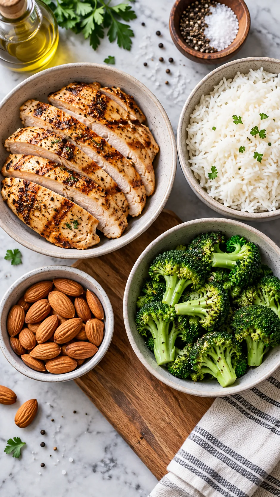 The Slim Thick Diet Meal Plan That Actually Builds Curves Without Starving 2 A sleek kitchen counter featuring measured macro bowls: grilled chicken breast, cooked jasmine rice, raw almonds, and fresh broccoli, shot from an editorial overhead angle.