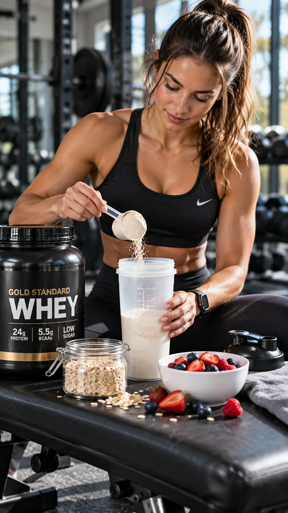 The Gym Diet Plan That Actually Builds Muscle Without Starving You 4 Athlete preparing a post-workout recovery shake with shaker bottle, whey powder, oats, and fresh berries sitting on a gym bench
