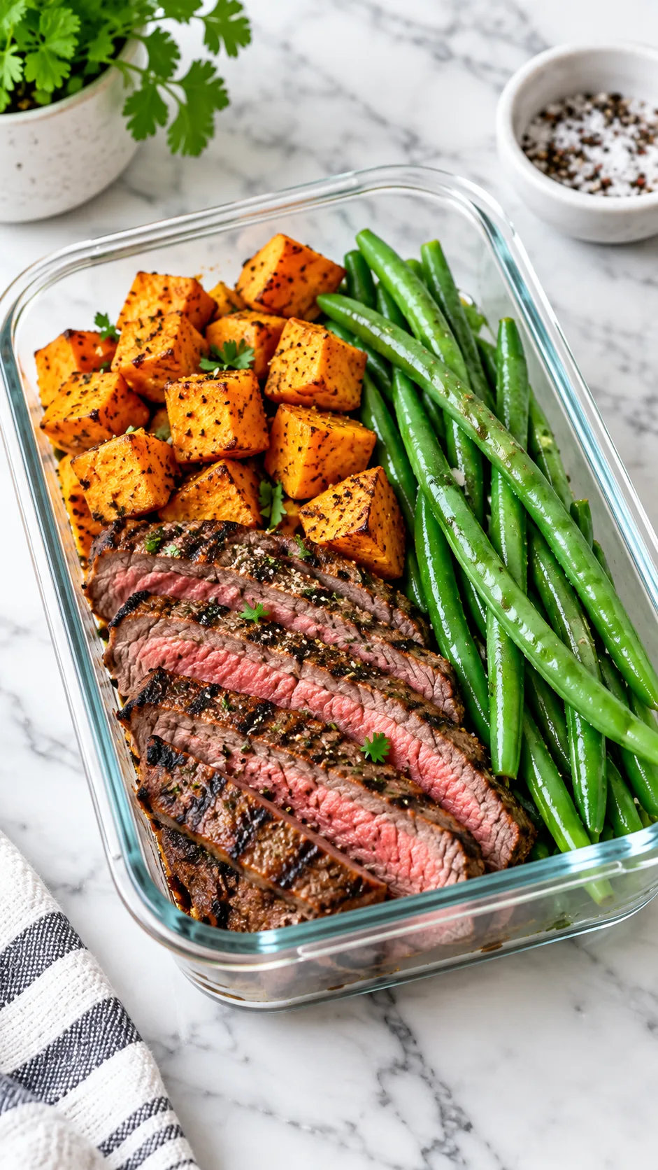 The Slim Thick Diet Meal Plan That Actually Builds Curves Without Starving 3 A clean, meal-prepped glass container filled with sliced flank steak, sweet potato cubes, and steamed green beans, resting on a bright marble countertop.