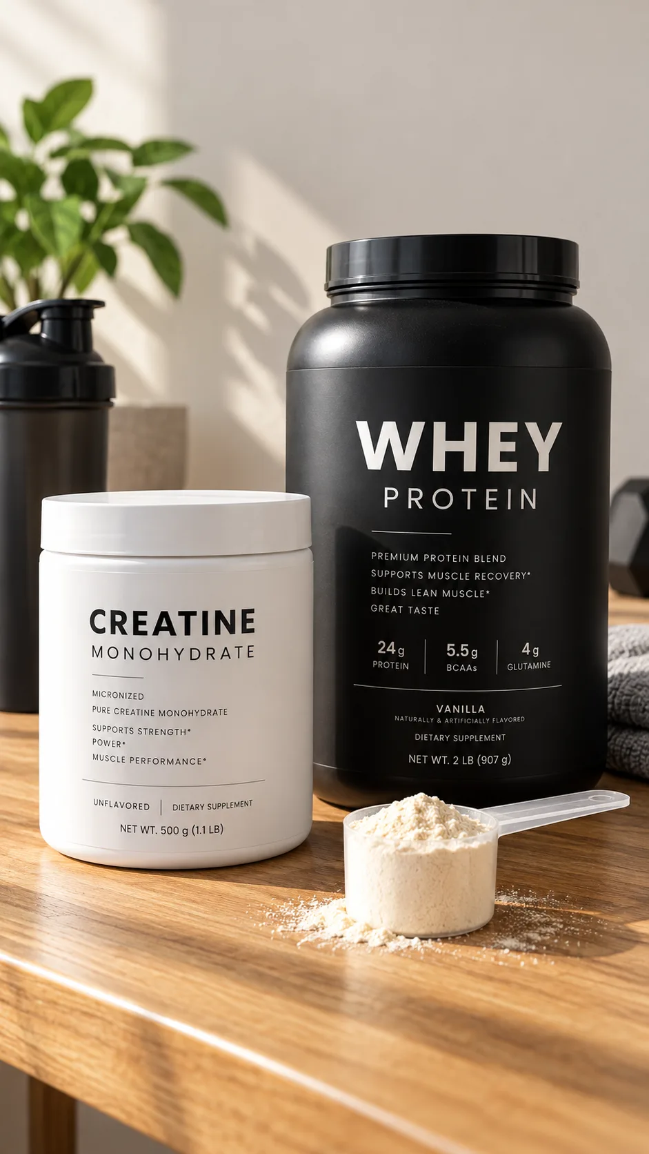 The Gym Diet Plan That Actually Builds Muscle Without Starving You 5 Minimalist aesthetic display of sports supplements: clean tub of creatine monohydrate, protein powder container, and measuring scoop on a clean wooden table