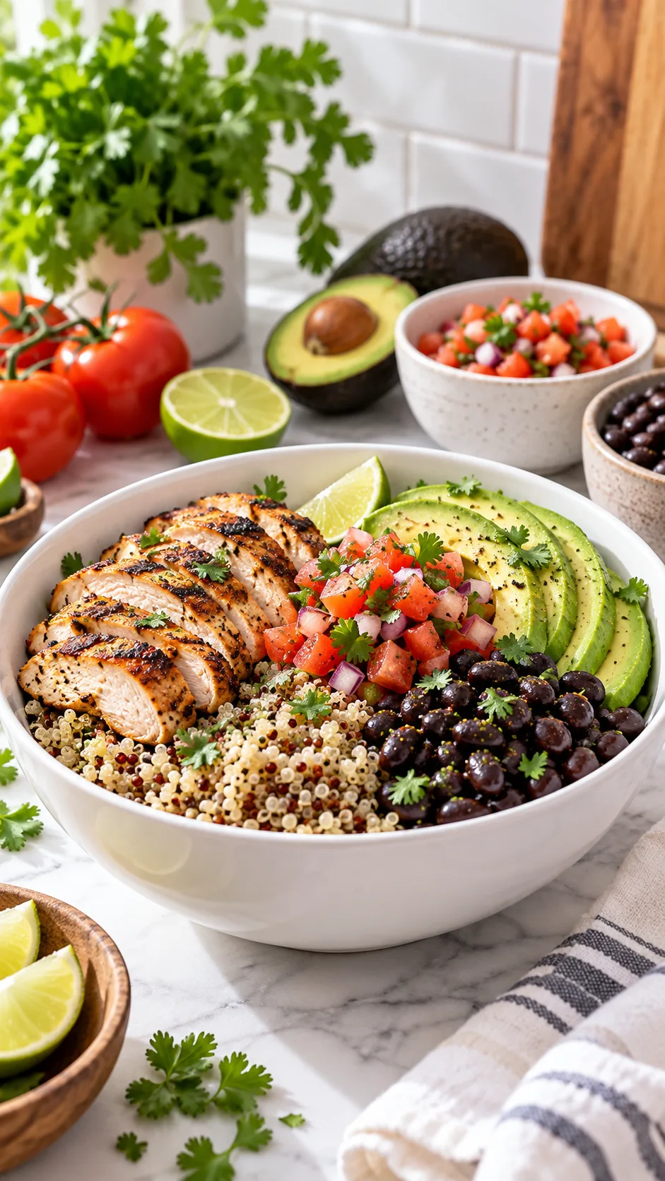 The Slim Thick Diet Meal Plan That Actually Builds Curves Without Starving 4 A modern white kitchen bowl containing a colorful meal: grilled chicken, quinoa, sliced avocado, black beans, and salsa, surrounded by fresh kitchen ingredients.