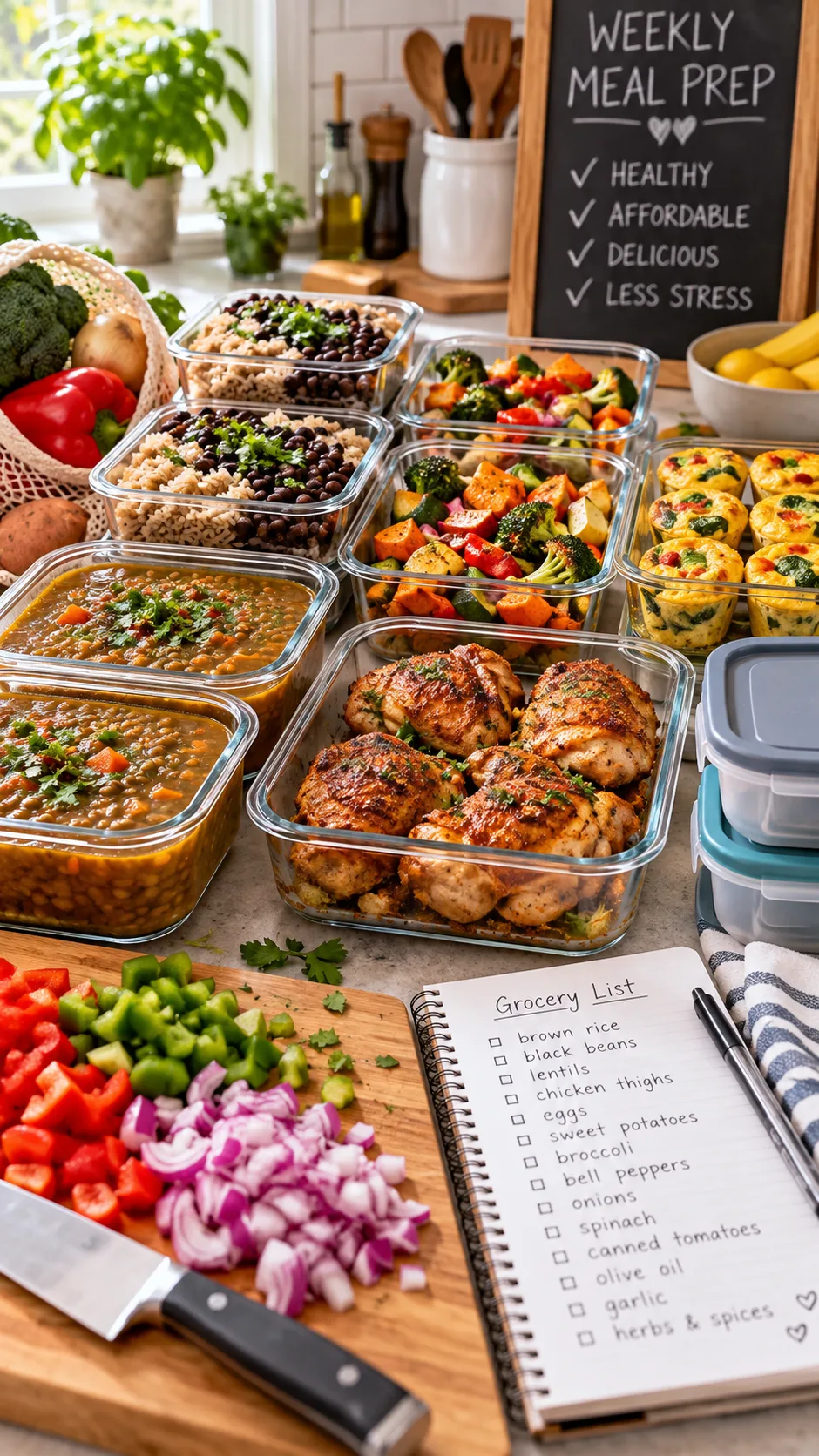 Cheap Meal Prep Ideas That Cut Your Grocery Bill Without Cutting Flavor 1 Bright natural-light food photography of affordable weekly meal prep on a kitchen counter: containers filled with rice and beans, roasted vegetables, egg muffins, lentil soup, chicken thighs, chopped onions and peppers, grocery list and reusable meal prep containers, realistic home kitchen, warm inviting colors