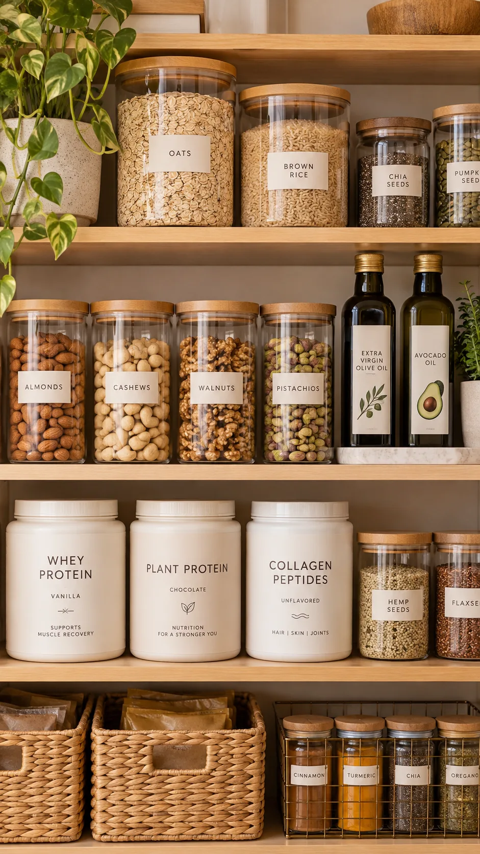 The Slim Thick Diet Meal Plan That Actually Builds Curves Without Starving 5 A clean, organized pantry shelf featuring jars of oats, brown rice, raw nuts, olive oil bottles, and protein powder canisters, warm minimalist aesthetic.