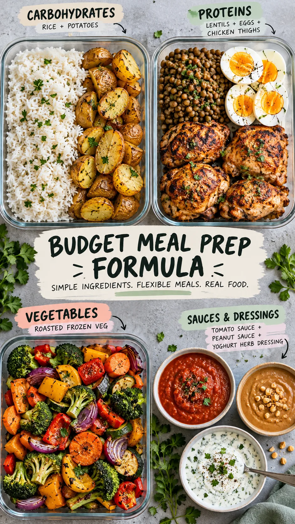 Cheap Meal Prep Ideas That Cut Your Grocery Bill Without Cutting Flavor 3 Overhead editorial food photograph showing a budget meal prep formula arranged in four sections: fluffy rice and potatoes as carbohydrates, lentils eggs chicken thighs as proteins, colorful roasted frozen vegetables, small bowls of tomato sauce peanut sauce and yoghurt herb dressing, meal prep guide styling, realistic texture