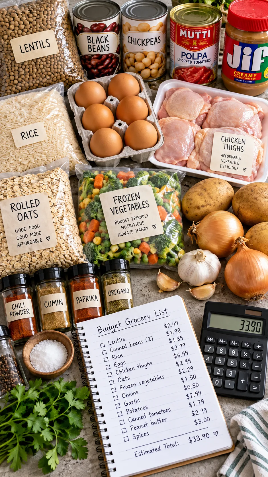 Cheap Meal Prep Ideas That Cut Your Grocery Bill Without Cutting Flavor 4 Realistic grocery shopping flat lay for affordable meal preparation: dried lentils, canned beans, rice, eggs, chicken thighs, oats, frozen vegetables, onions, garlic, potatoes, canned tomatoes, peanut butter, spices, handwritten budget grocery list and calculator, natural daylight, editorial food photography
